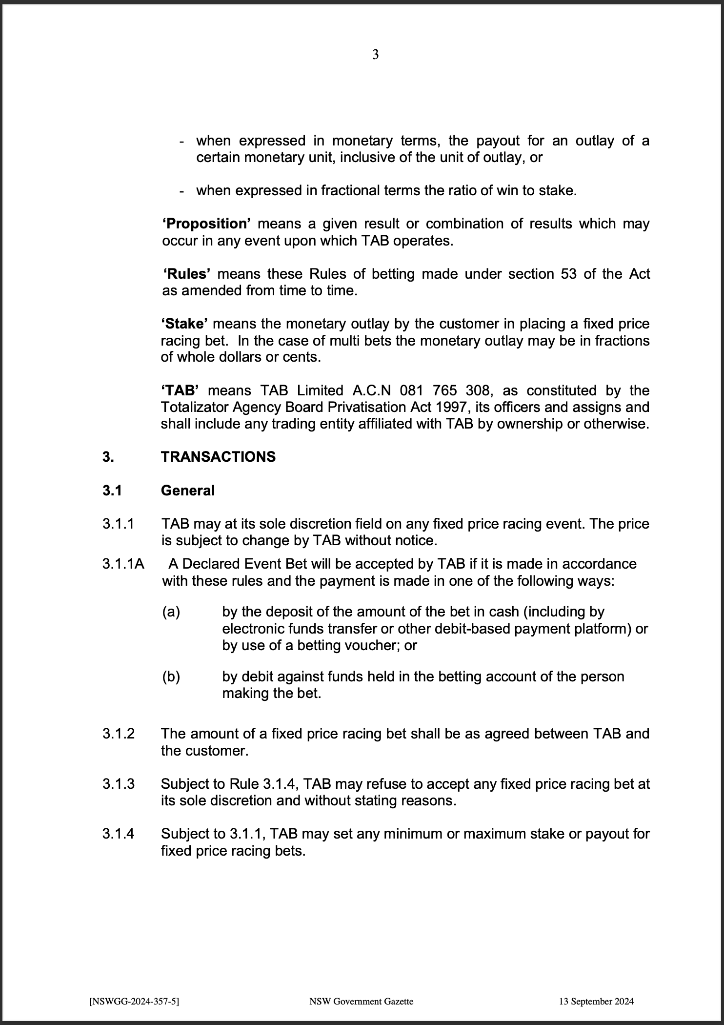 TAB Limited Fixed Price Racing Betting Rules