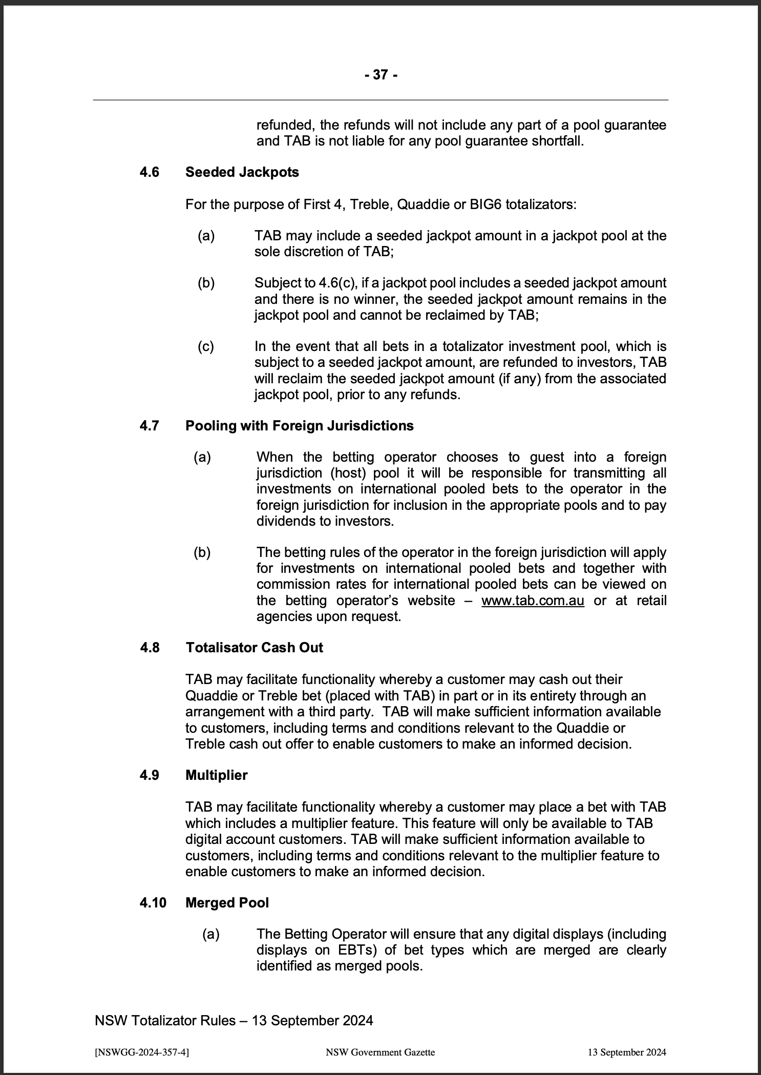 NSW Totalizator Betting Rules (Racing)