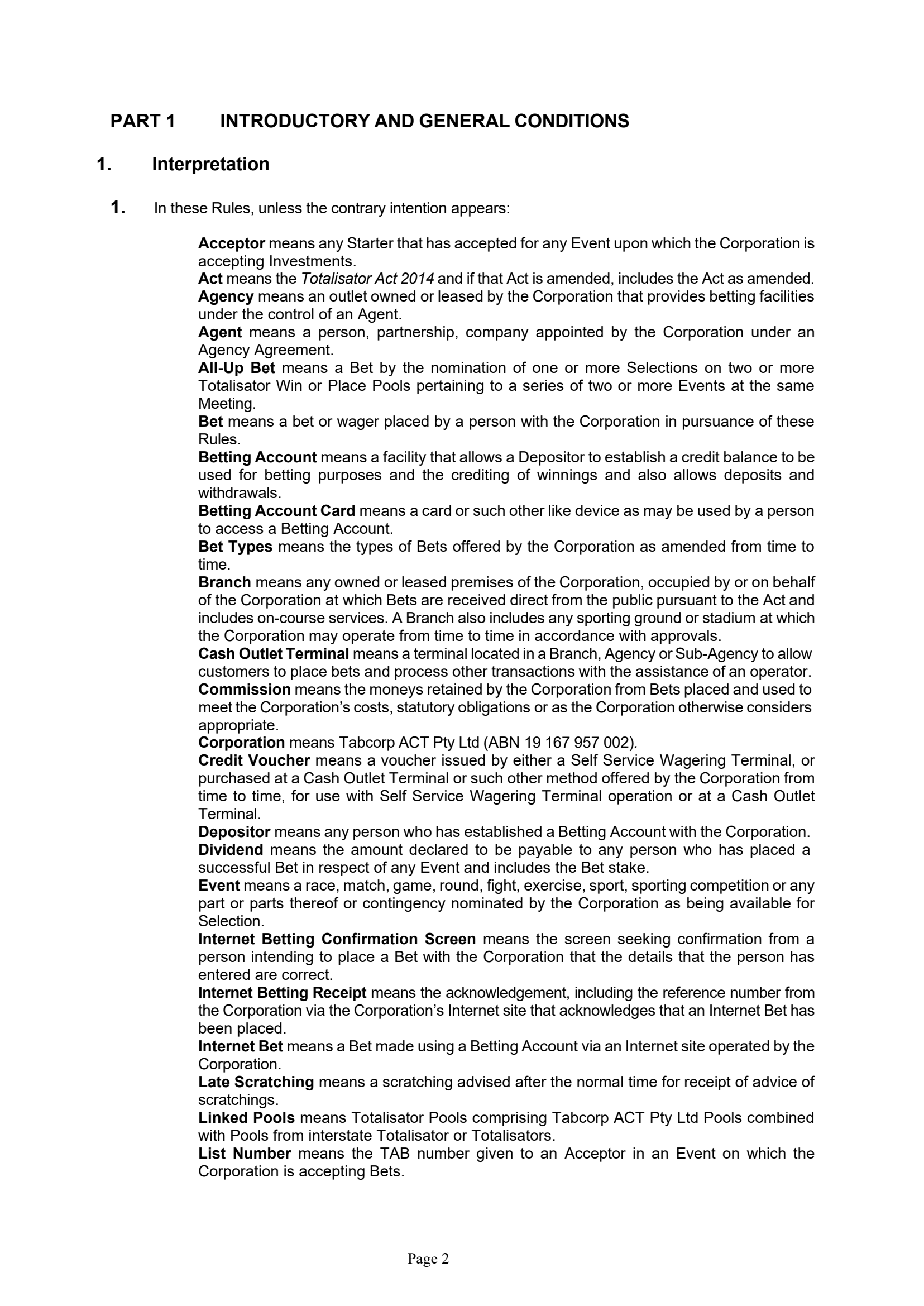 Tabcorp ACT Pty Ltd Totalisator Rules (Racing)