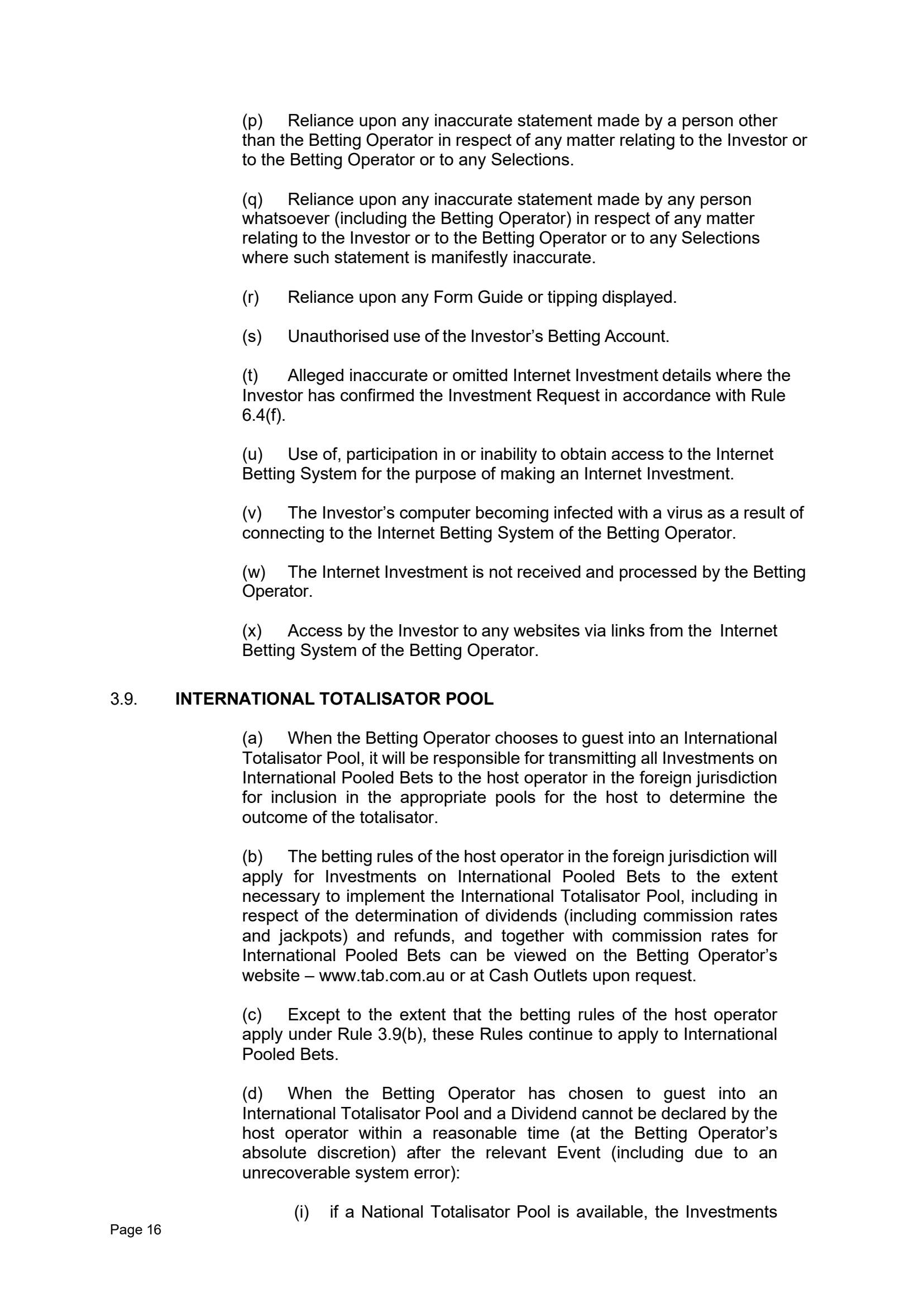 Tabcorp ACT Pty Ltd Totalisator Rules (Racing)