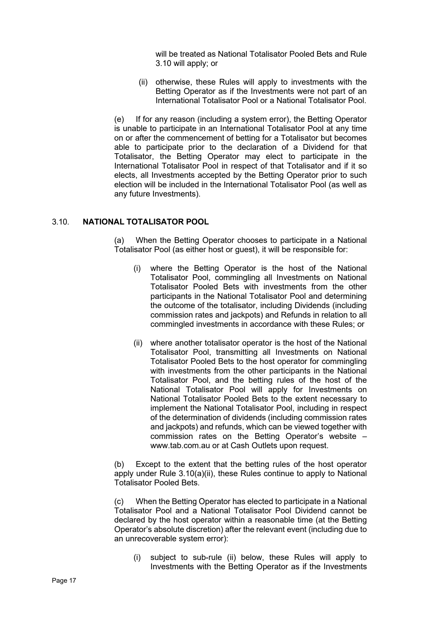 Tabcorp ACT Pty Ltd Totalisator Rules (Racing)
