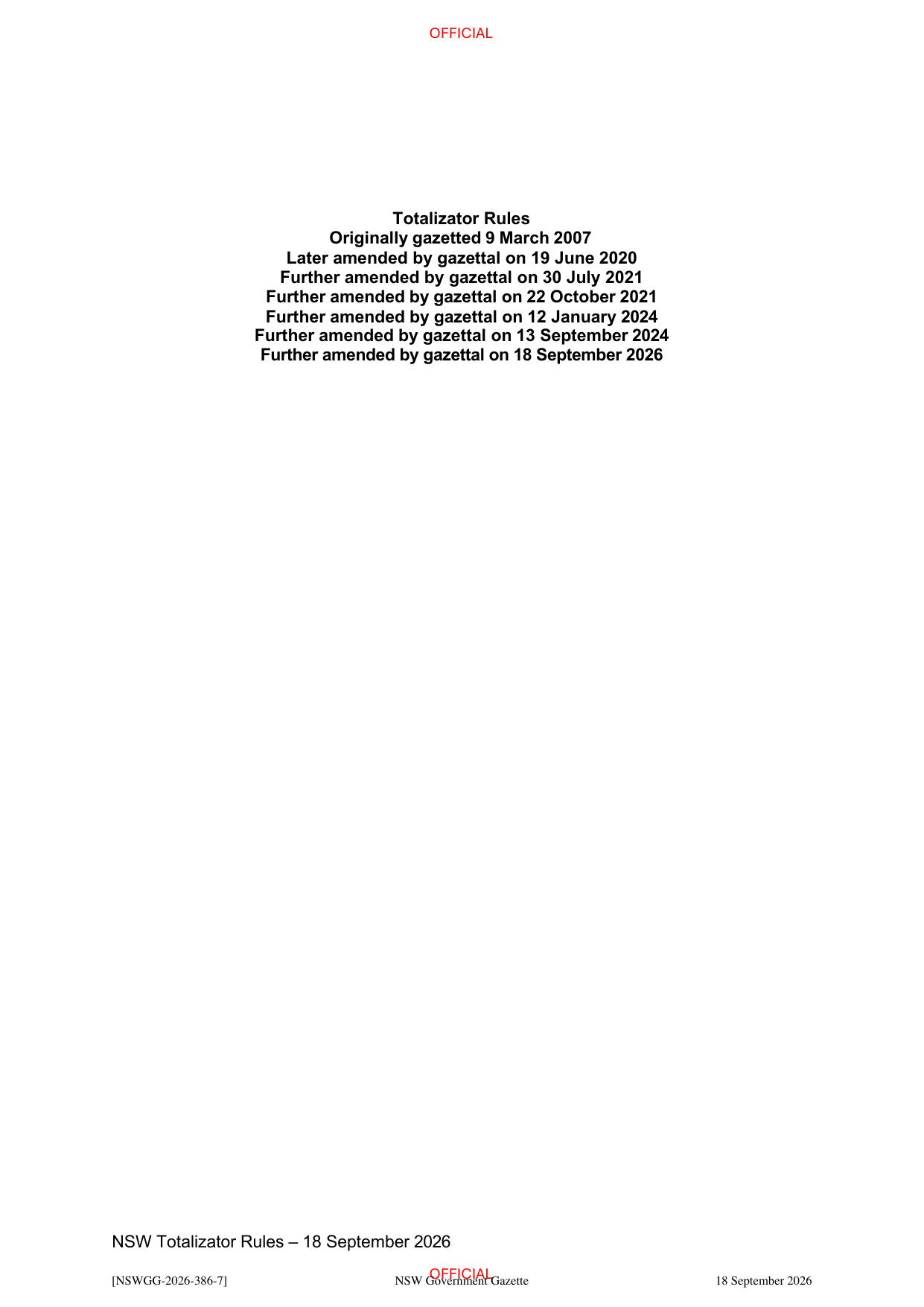 NSW Totalizator Betting Rules (Racing), page 1
