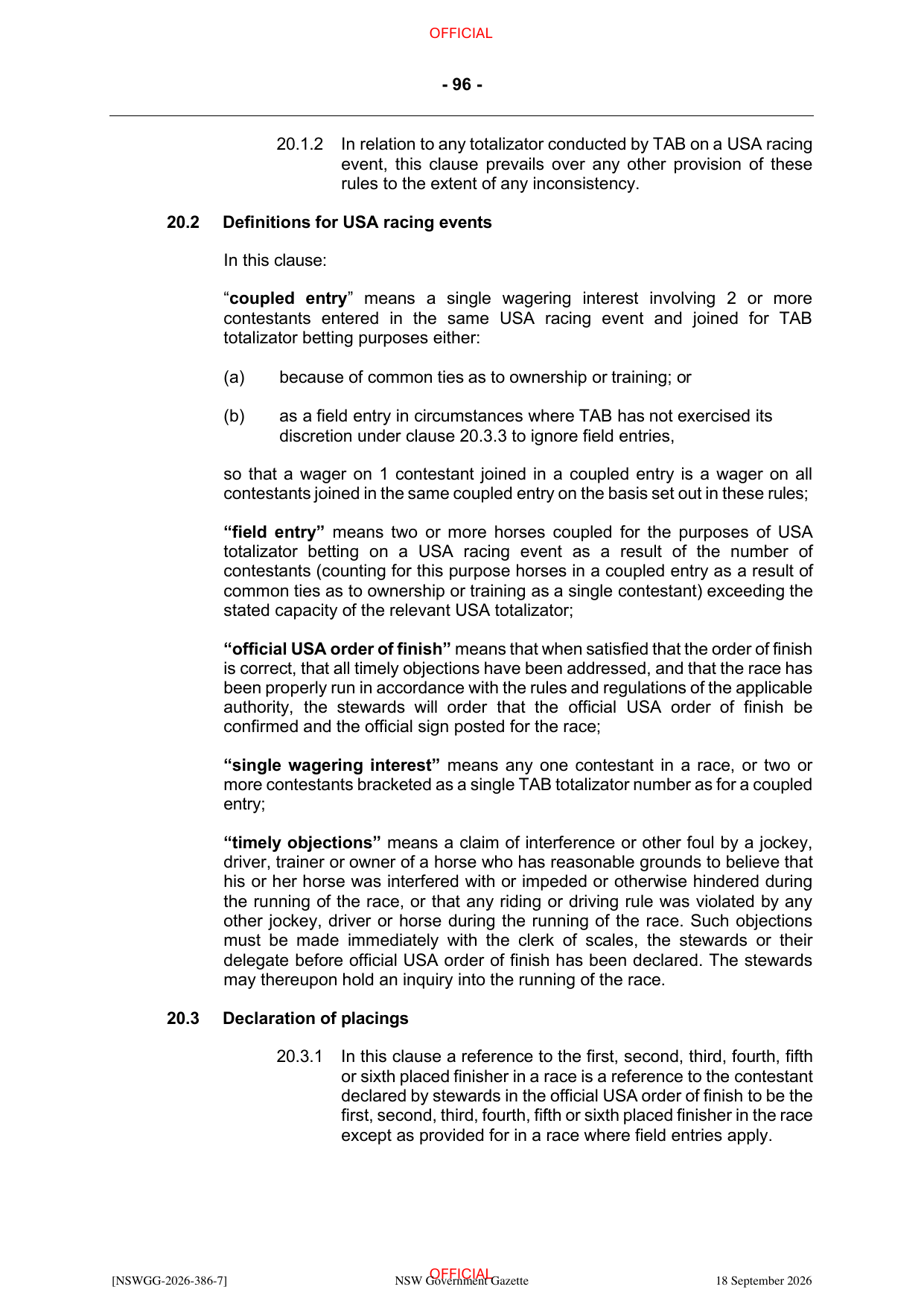 NSW Totalizator Betting Rules (Racing), page 100