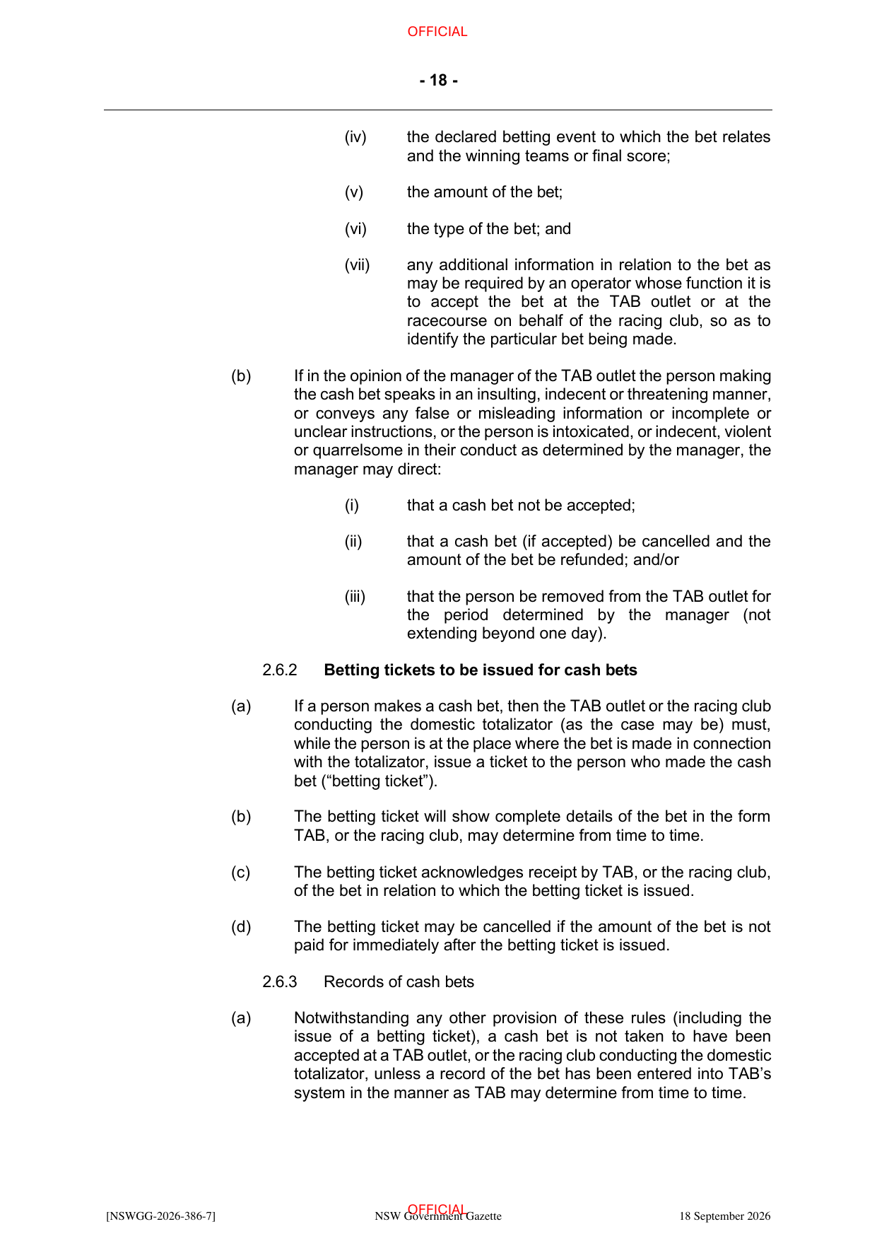 NSW Totalizator Betting Rules (Racing), page 22