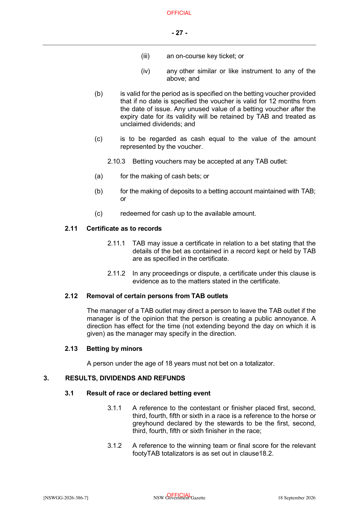 NSW Totalizator Betting Rules (Racing), page 31