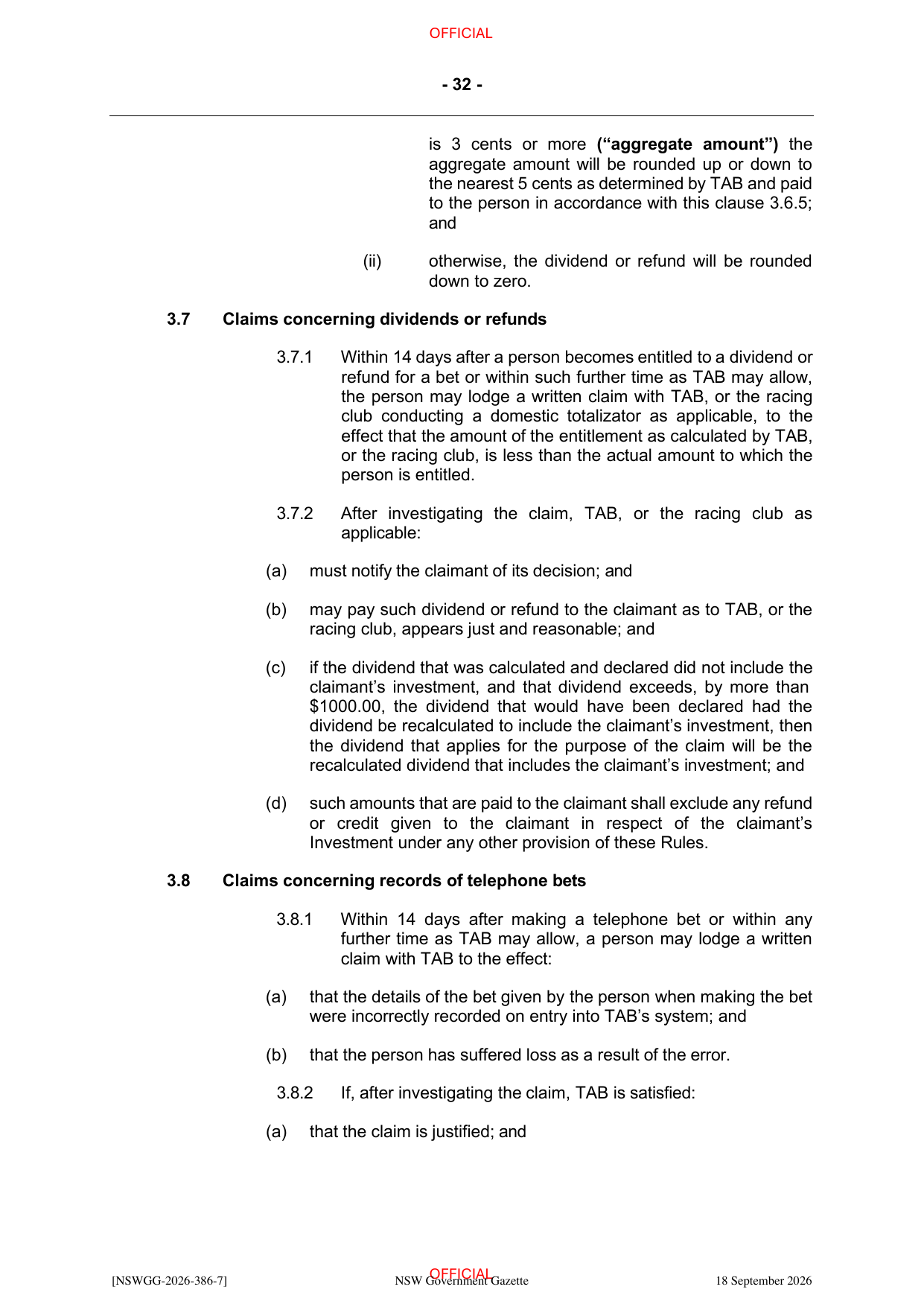 NSW Totalizator Betting Rules (Racing), page 36