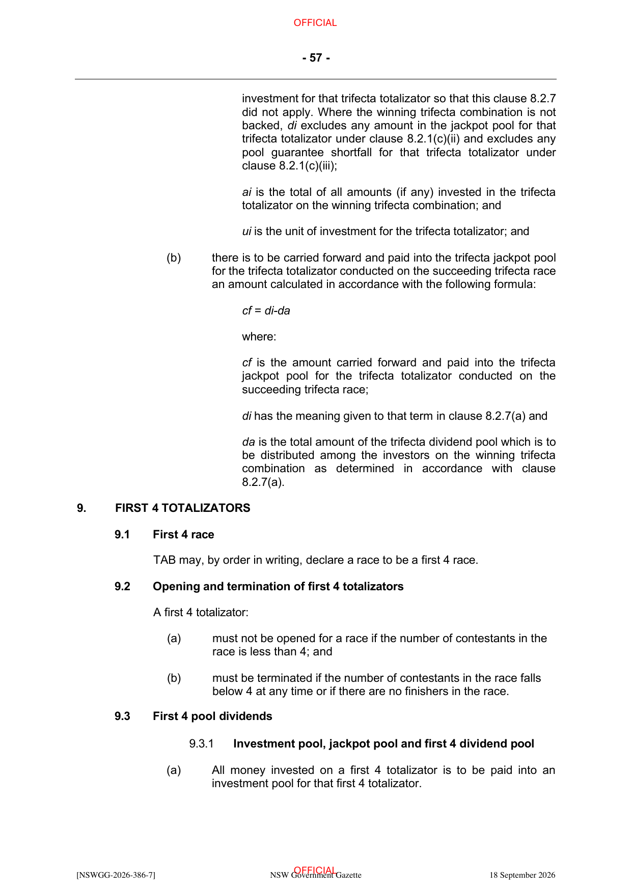 NSW Totalizator Betting Rules (Racing), page 61