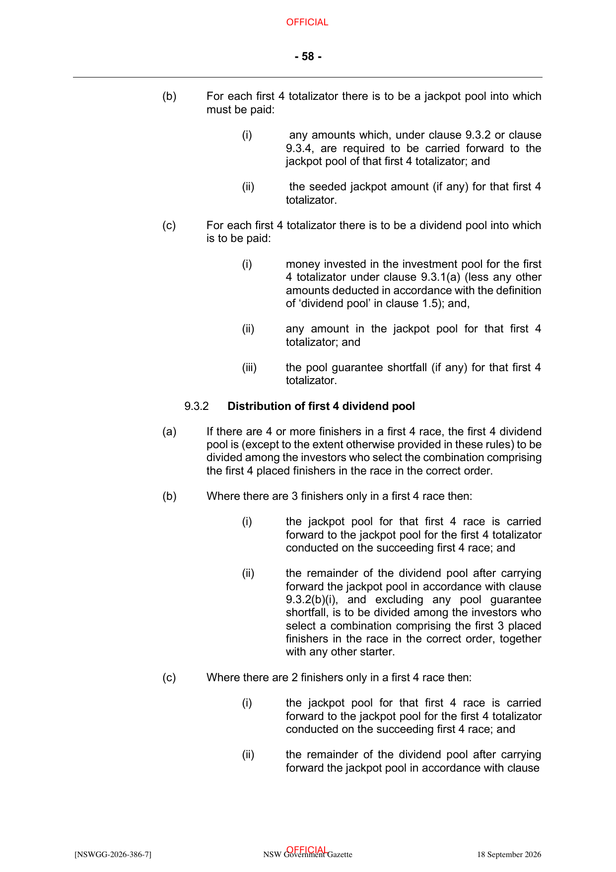 NSW Totalizator Betting Rules (Racing), page 62