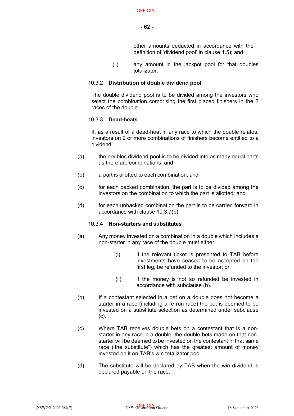 NSW Totalizator Betting Rules (Racing), page 66