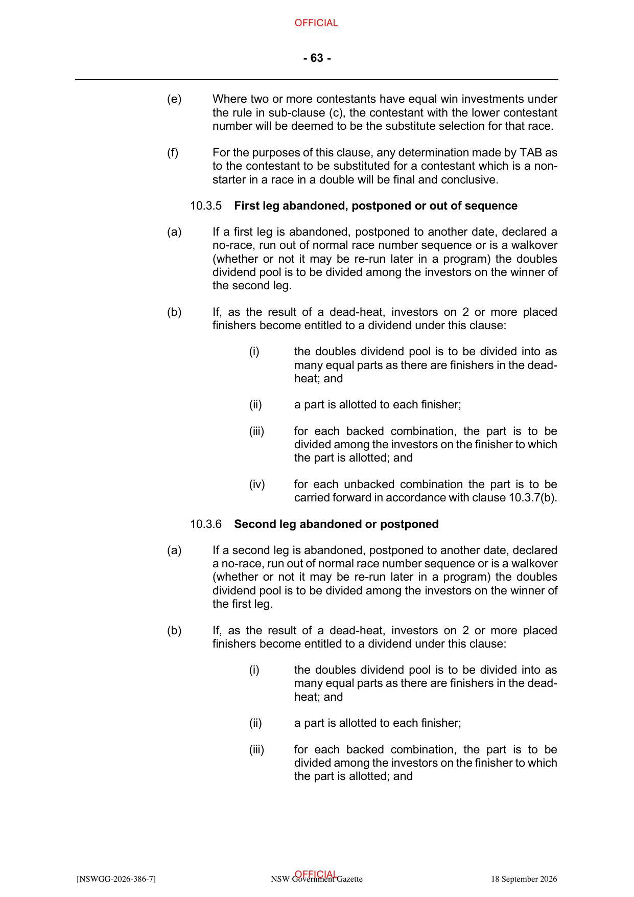 NSW Totalizator Betting Rules (Racing), page 67
