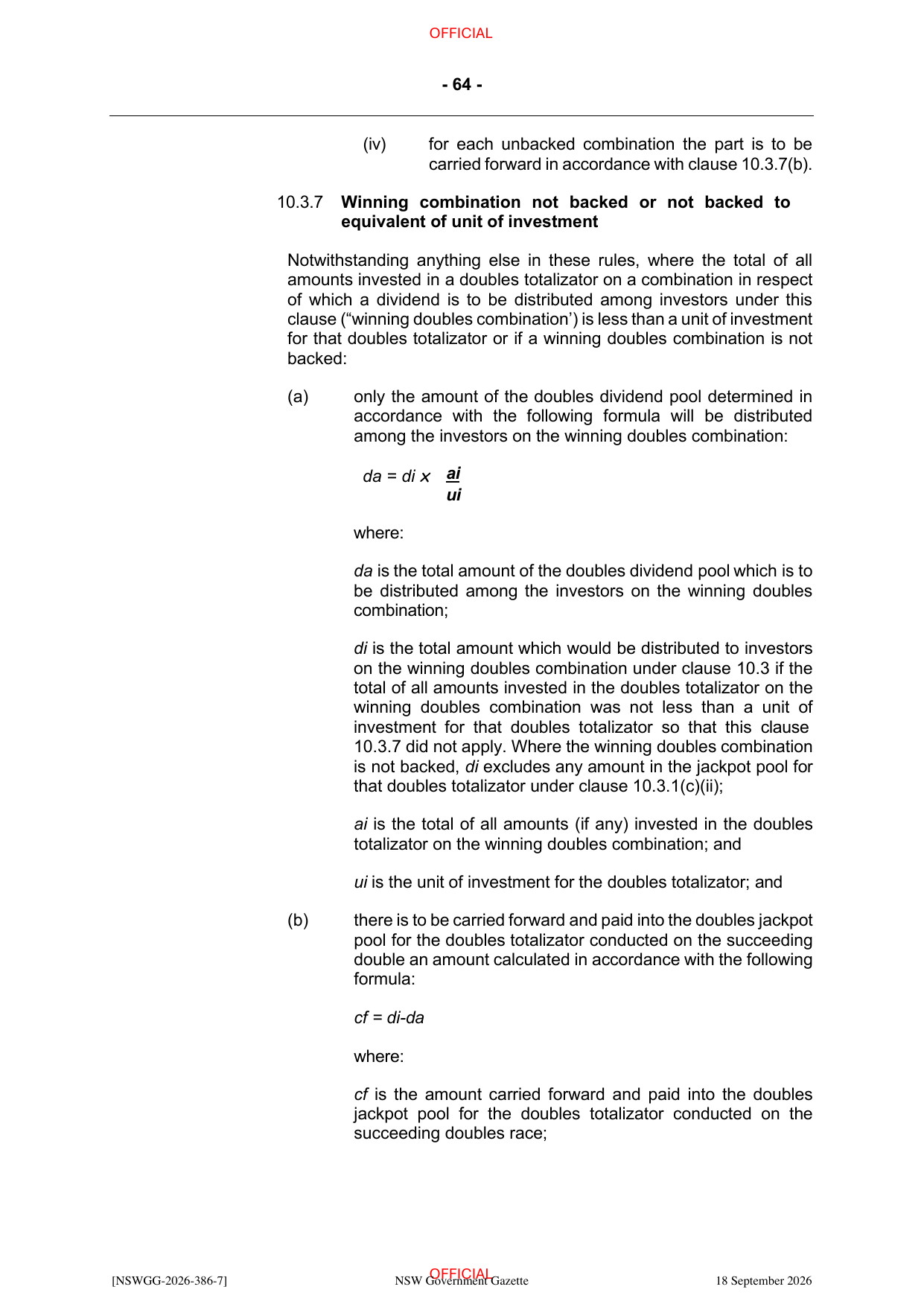NSW Totalizator Betting Rules (Racing), page 68