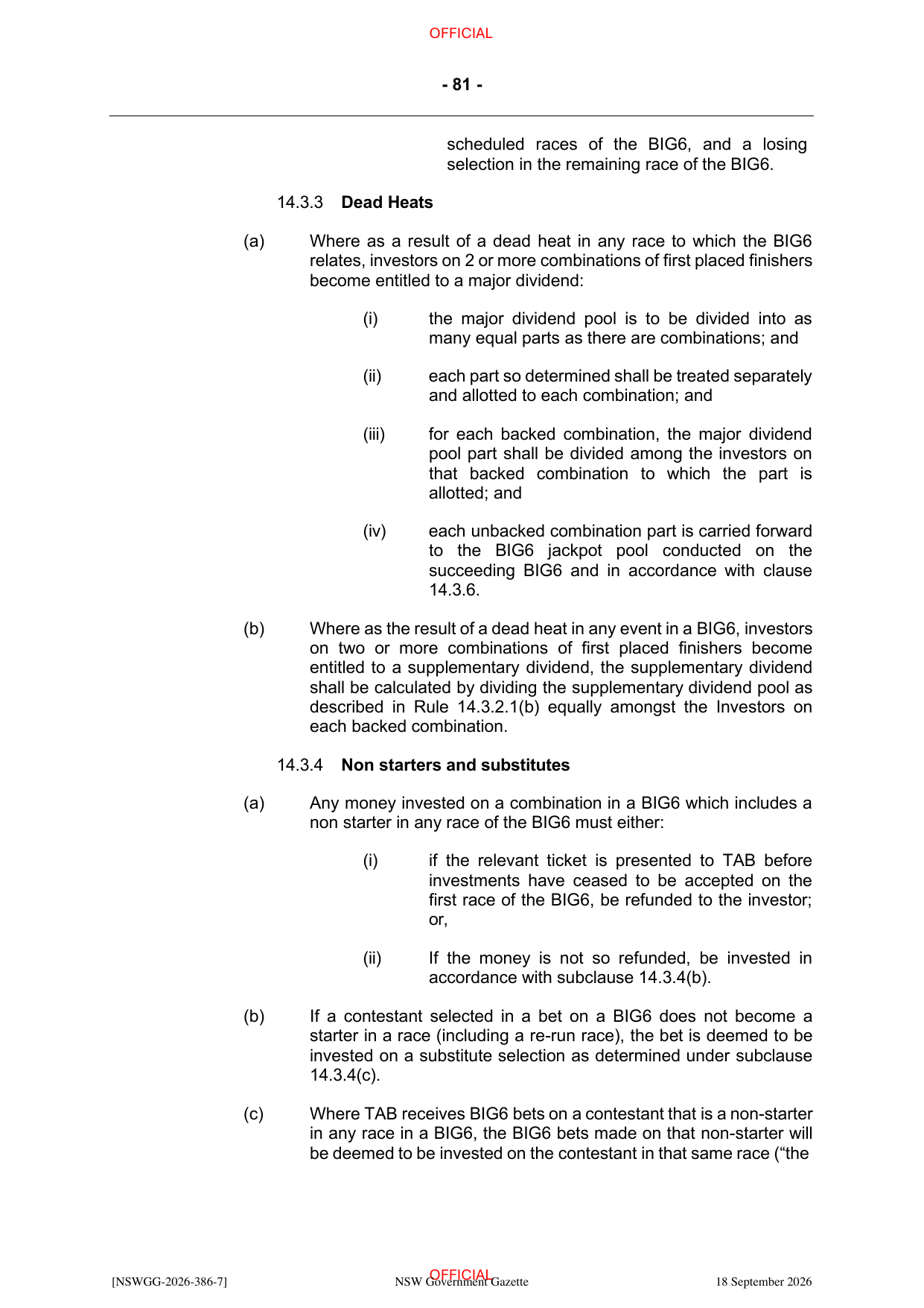NSW Totalizator Betting Rules (Racing), page 85