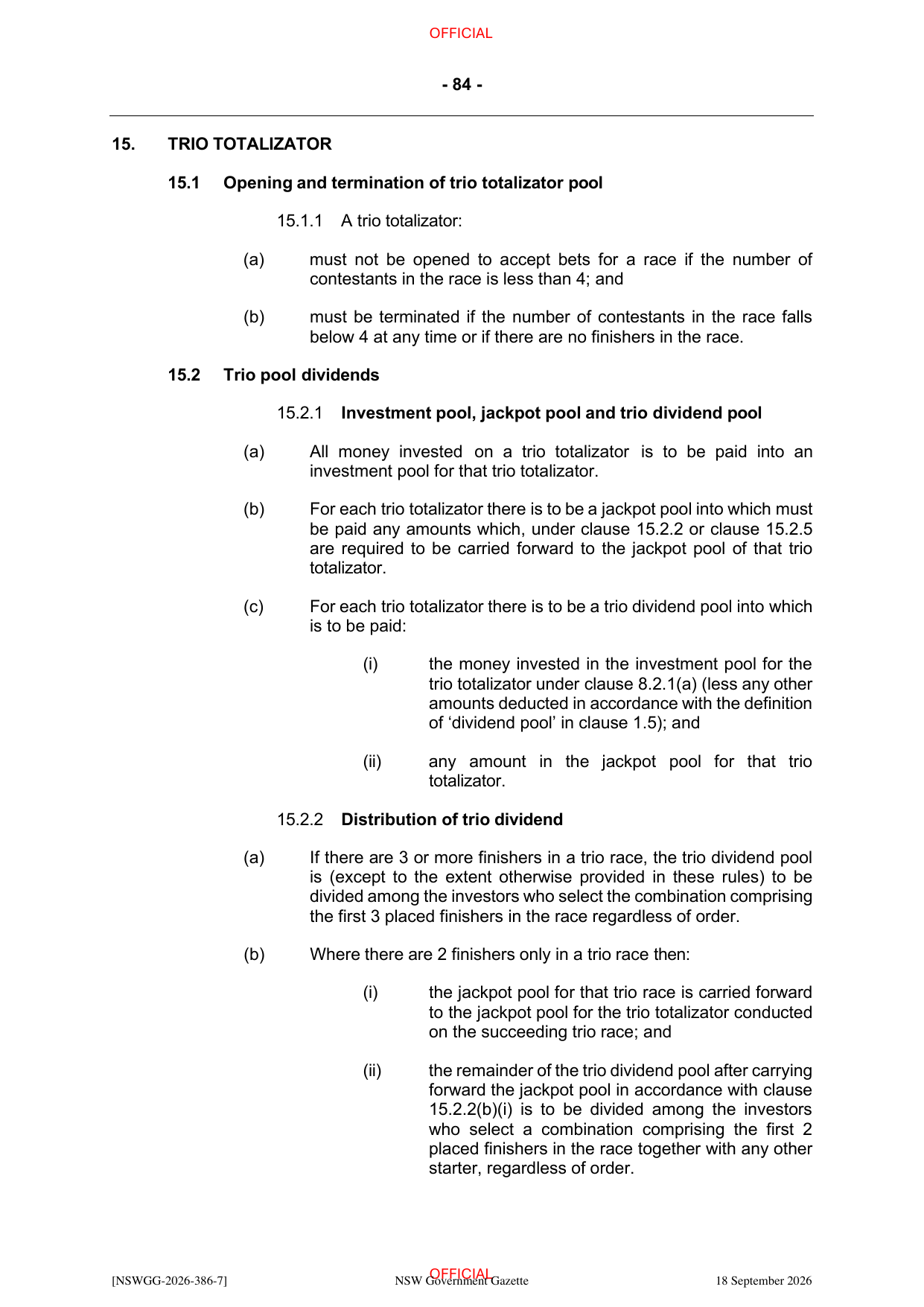 NSW Totalizator Betting Rules (Racing), page 88