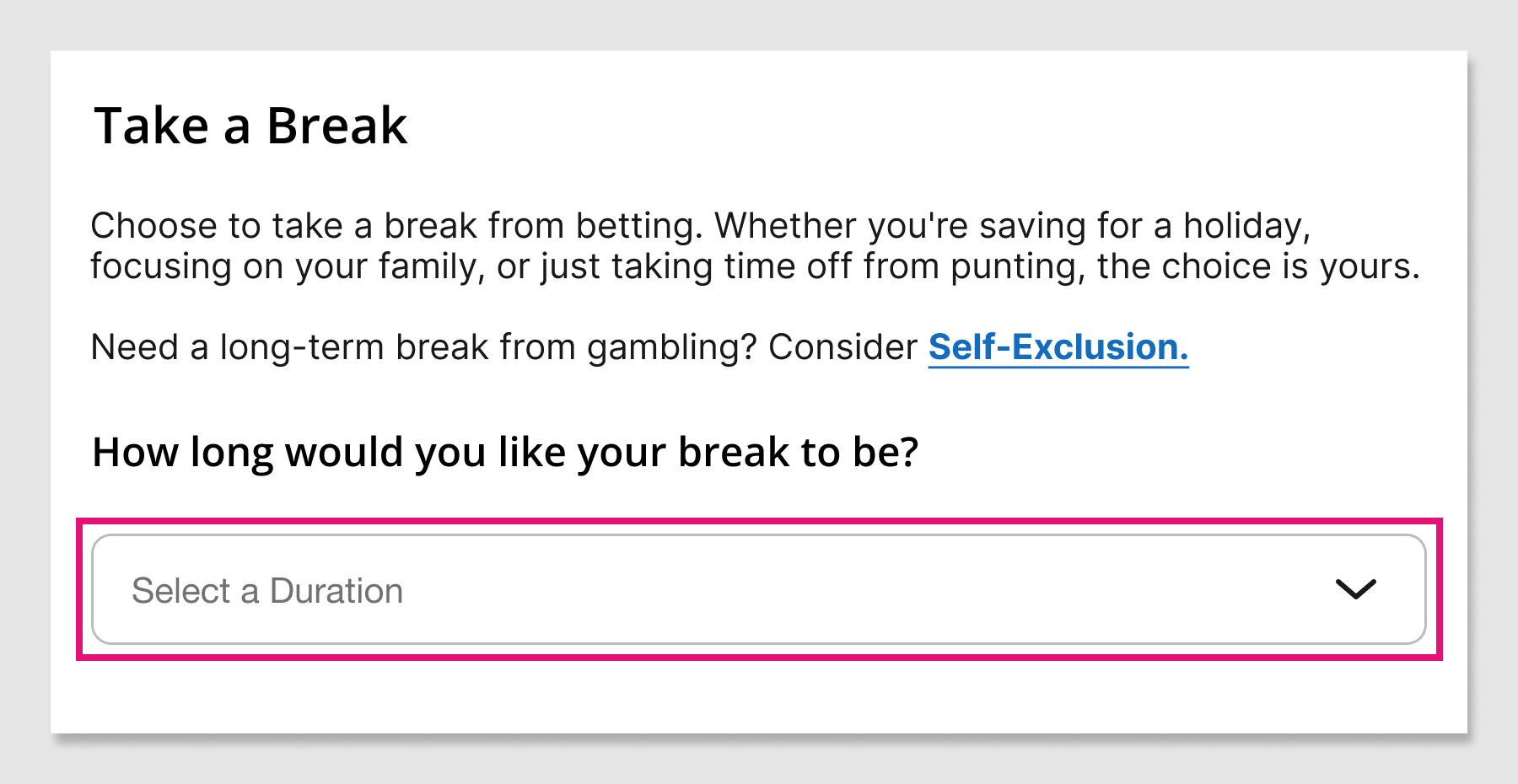 Screenshot of the tab.com.au 'Take a Break' screen. Option to select duration is shown.