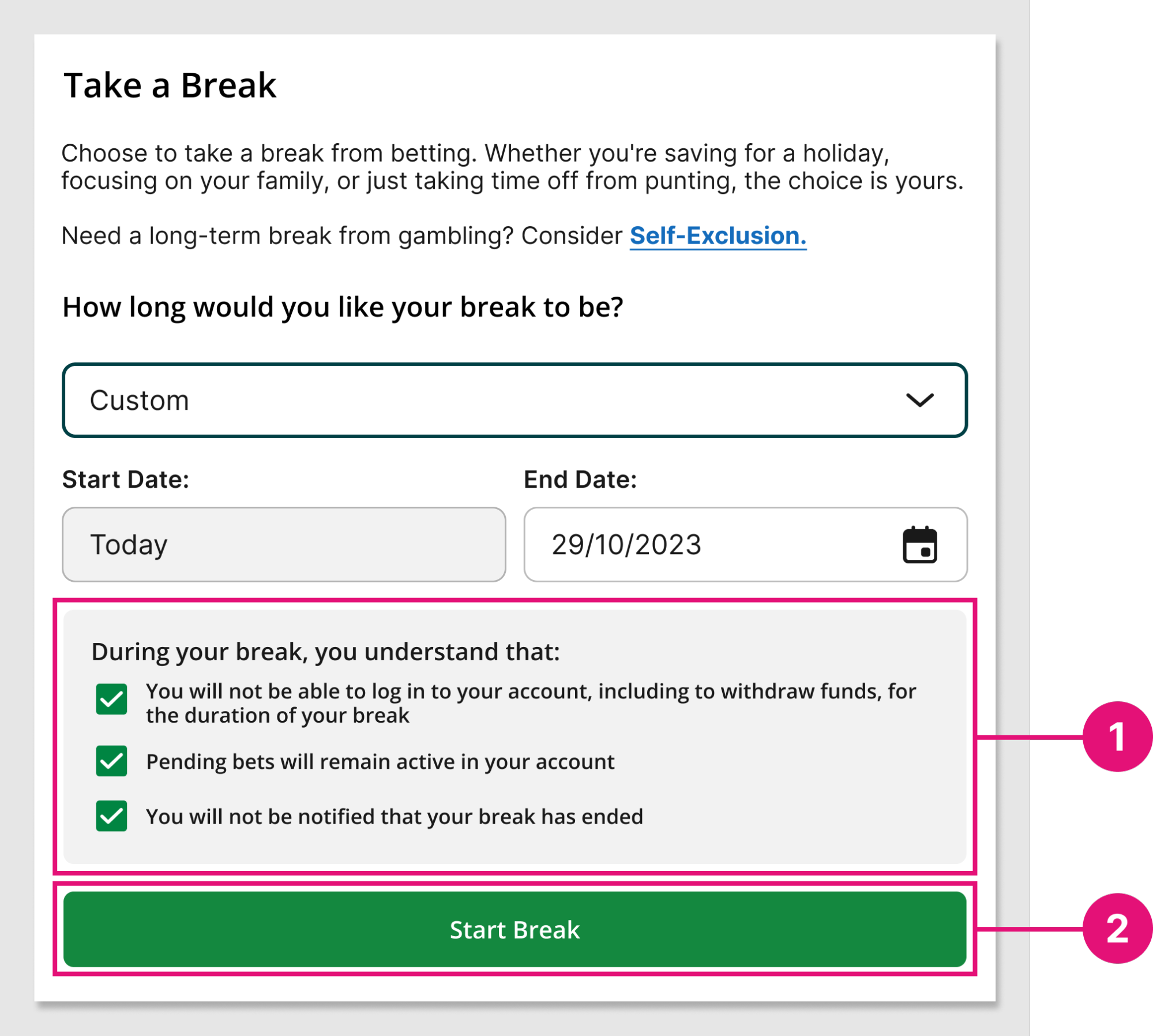 tab.com.au 'Take a Break' screen, conditions of break are shown.