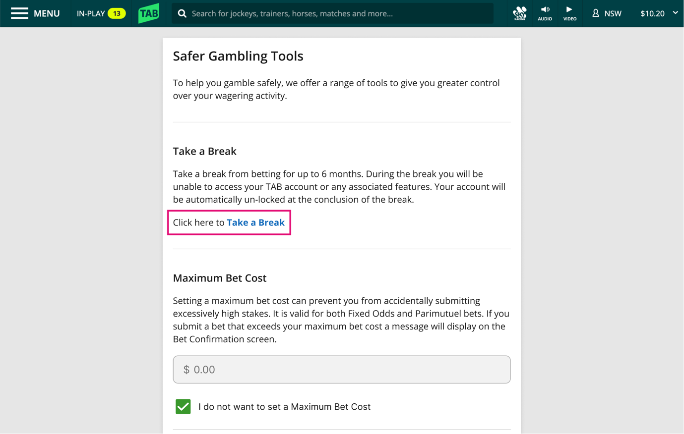 Screenshot of the tab.com.au 'Responsible Gambling Tools' screen.