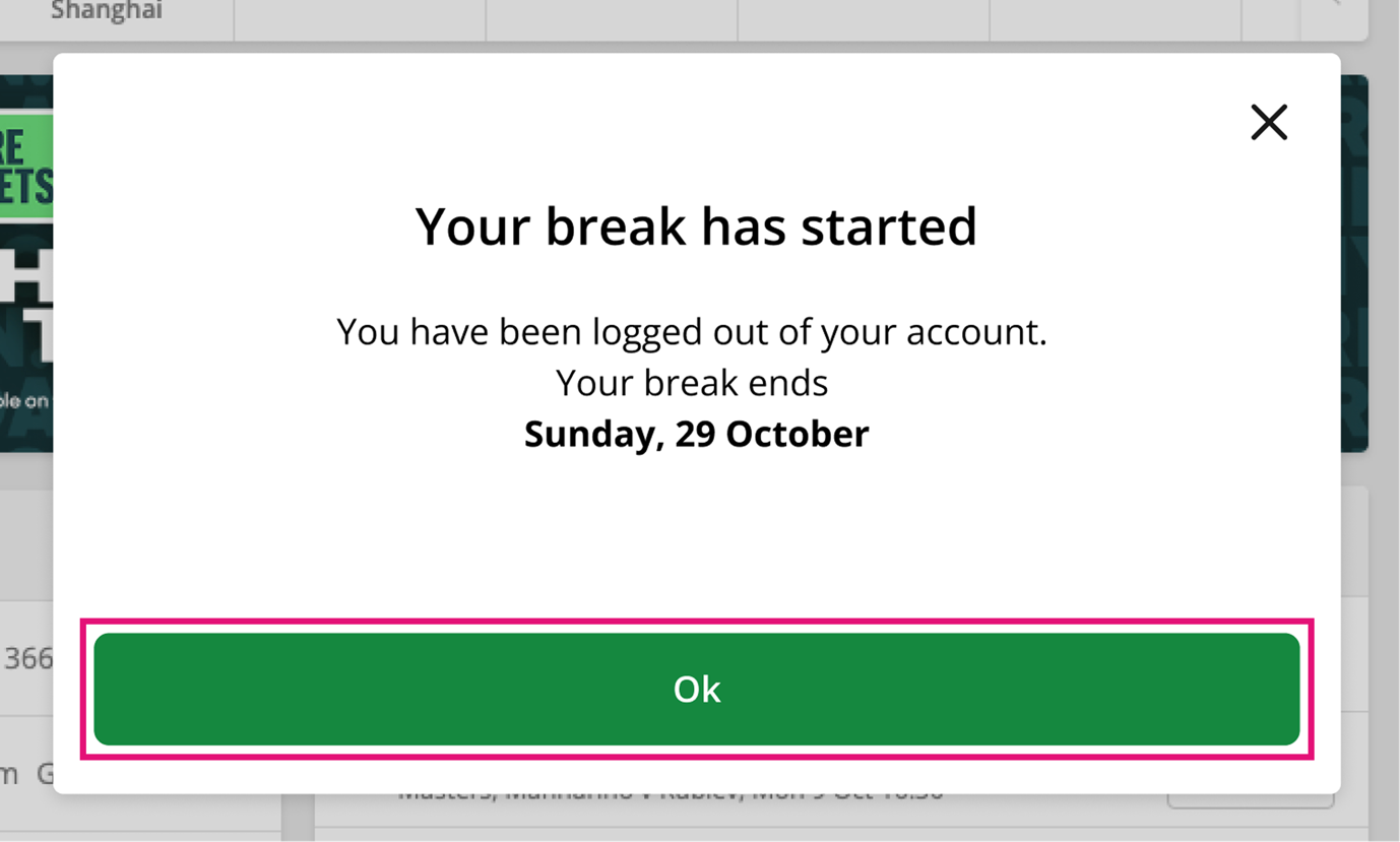 Image of tab.com.au screen confirming that break has started.