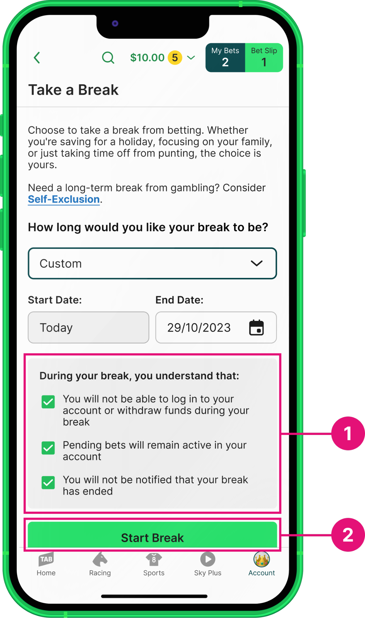 TAB app 'Take a Break' screen. Conditions of break are shown.