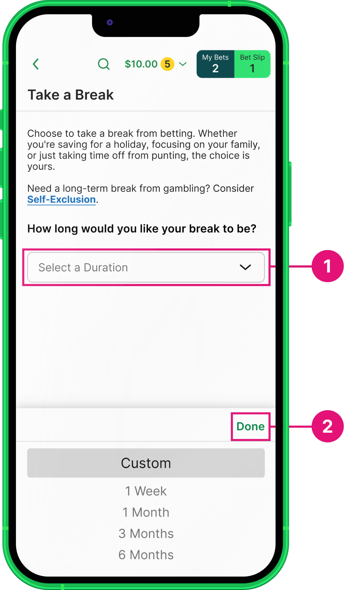 Image of TAB app 'Take a Break' screen. Duration selection option is shown.