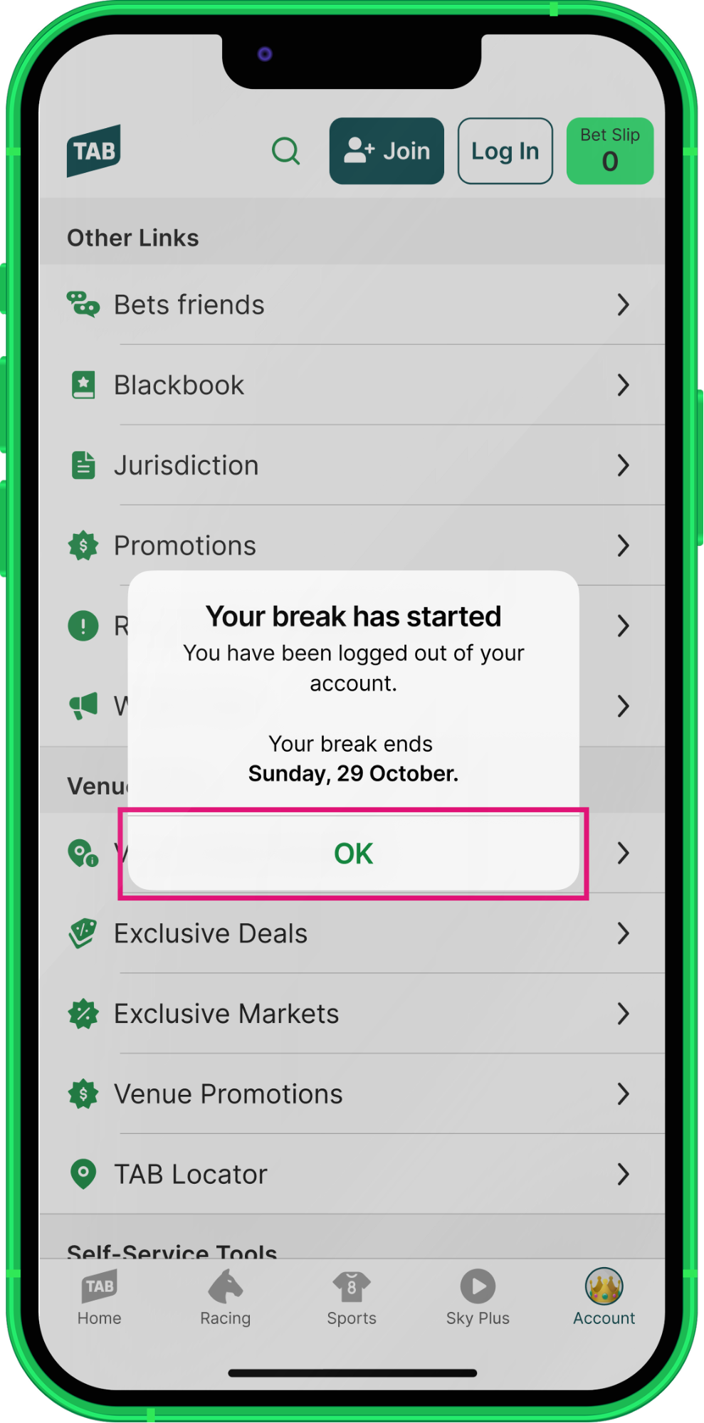 TAB app 'Take a Break' break details screen.