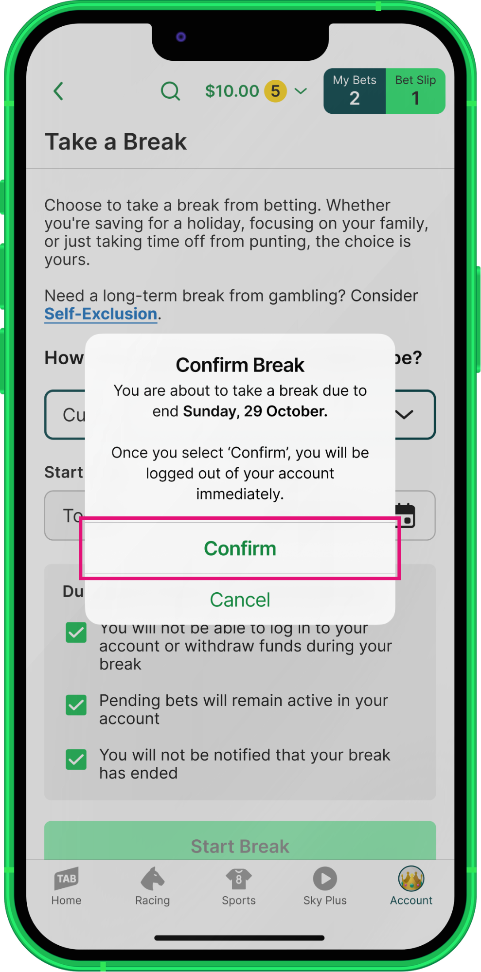 TAB app 'Take a Break' confirmation screen.
