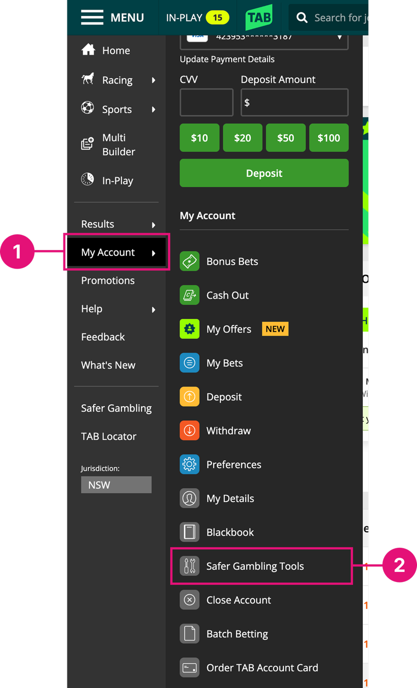 Screenshot of expanded 'My Account' menu at tab.com.au. 'Responsible Gambling Tools' button is shown.