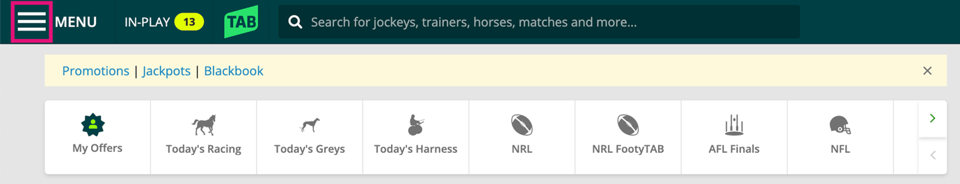 Image of tab.com.au screen. Menu button is shown in the top-left corner.