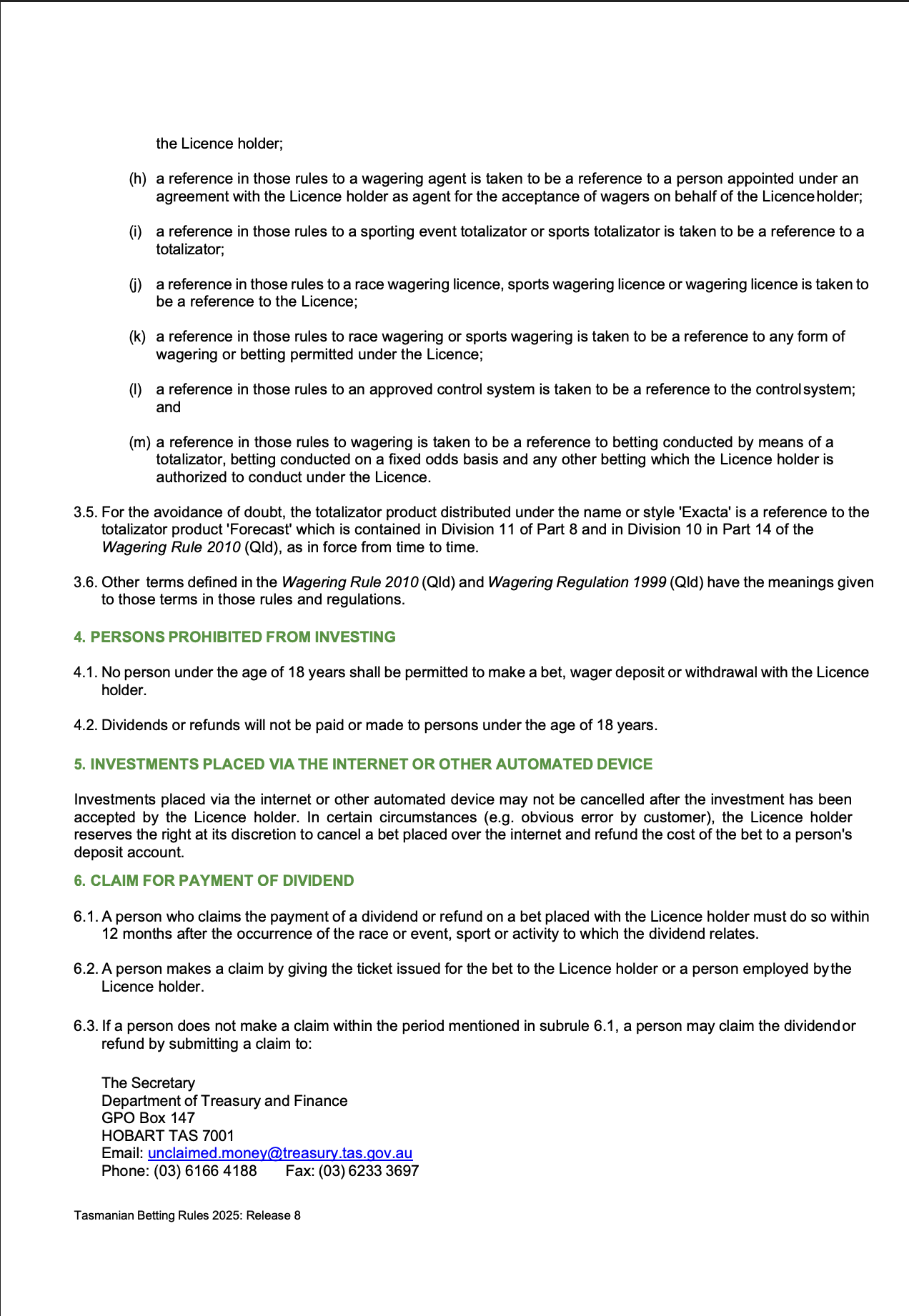 TasmanianBetting Rules (Racing) page 5