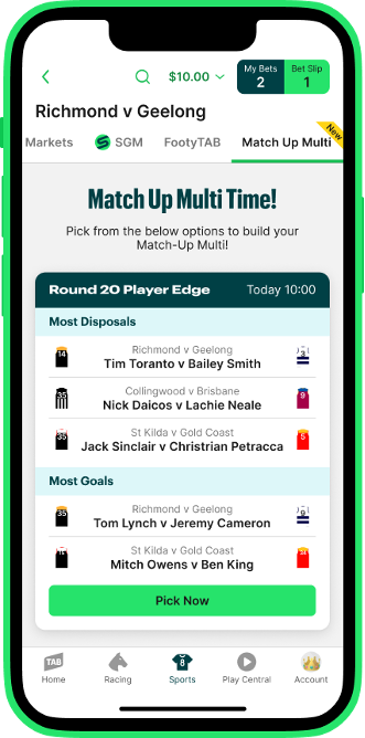 Match Up Multi tab on the TAB app showing player head-to-head matchups for Most Disposals and Most Goals with a Pick Now button.