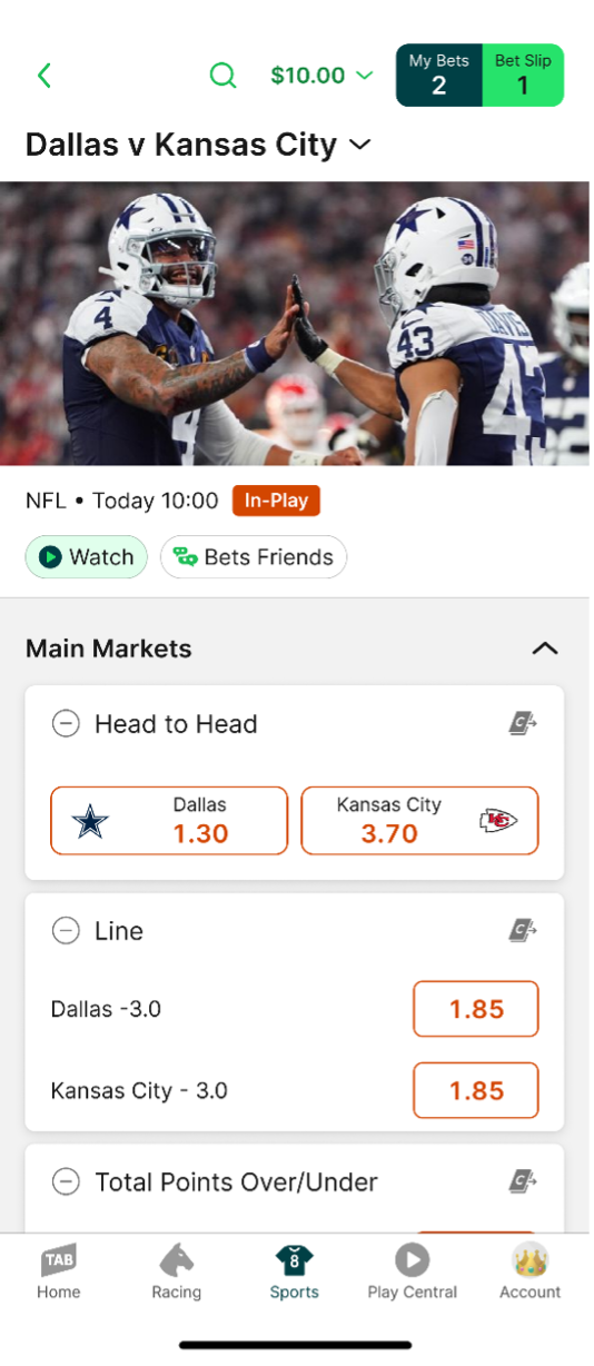 Screenshot of match vision within the TAB app.