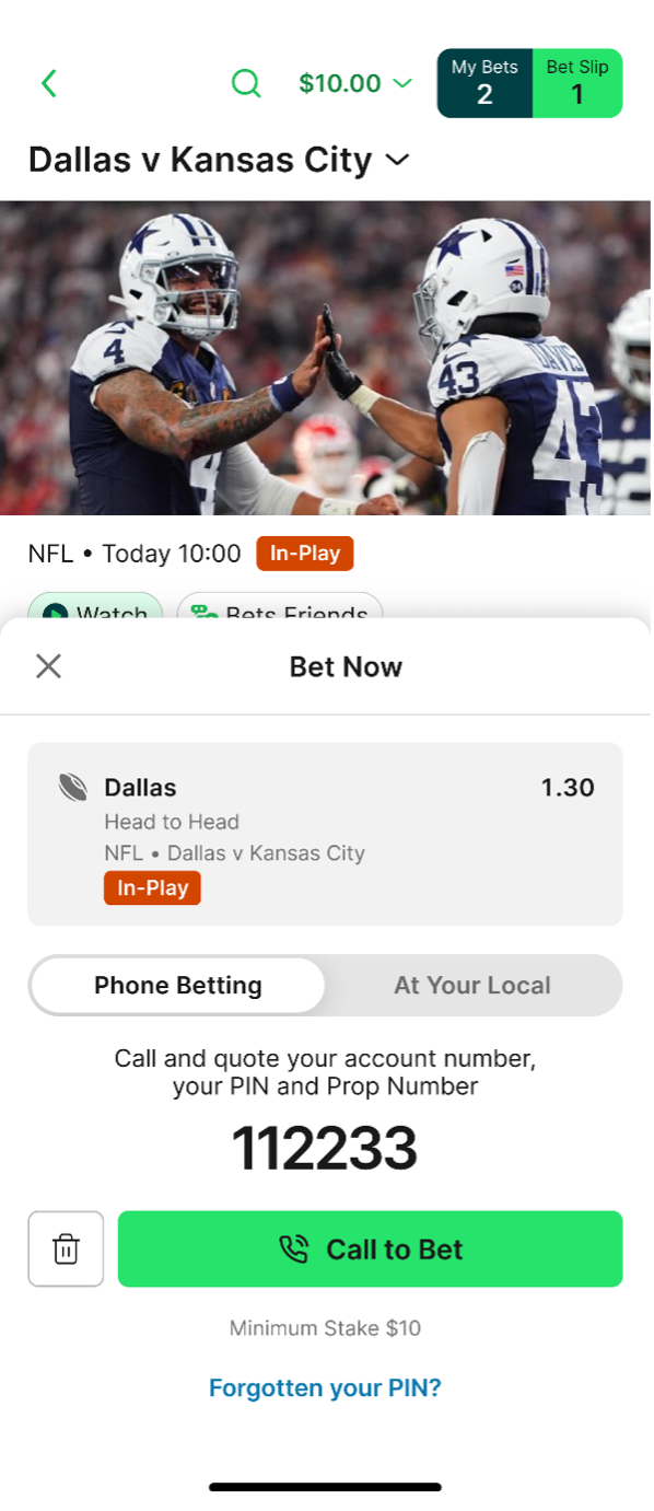 Screenshot of access to in-play betting within the TAB app.