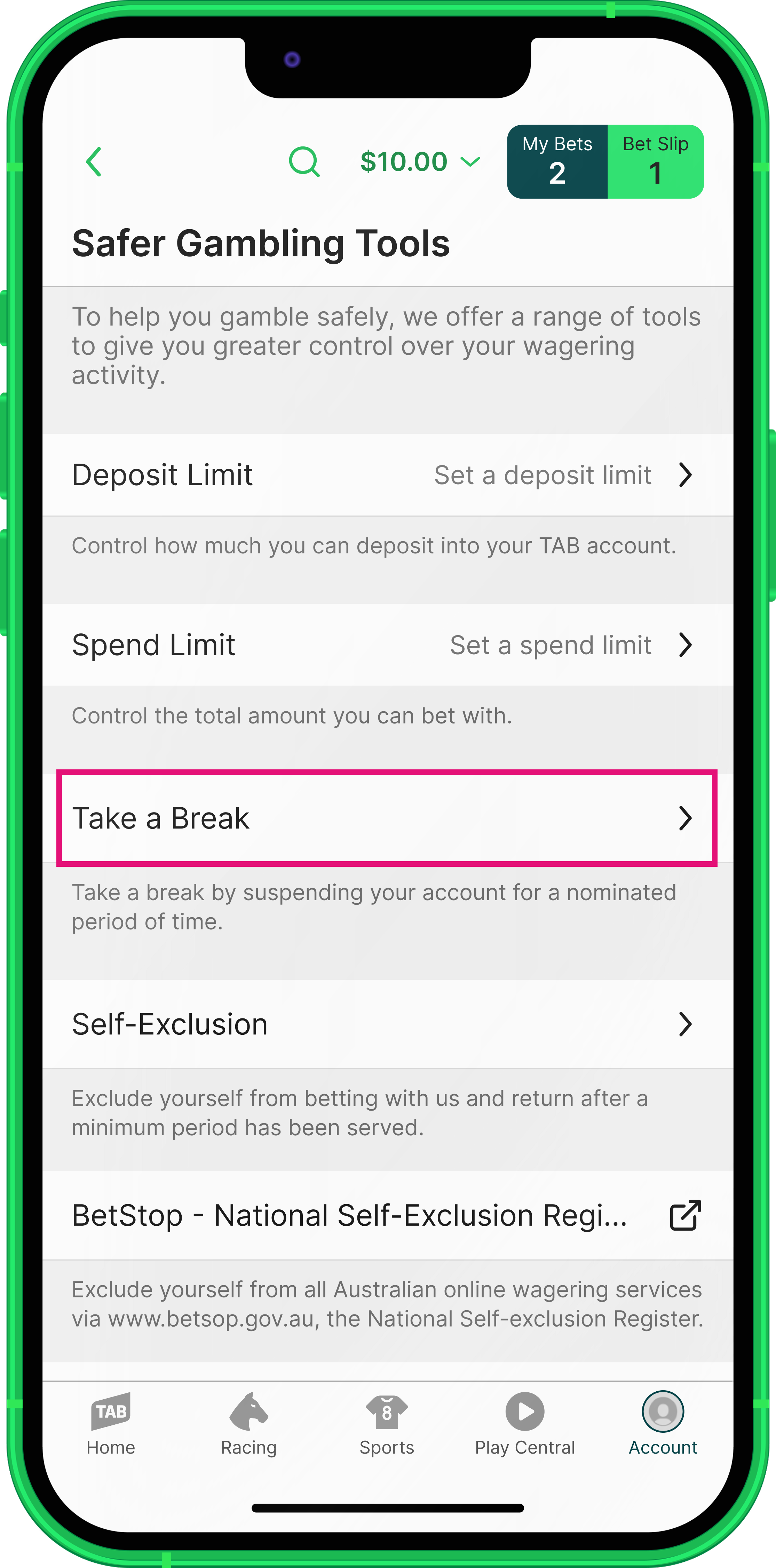 Image of TAB app Responsible Gambling Tools page.