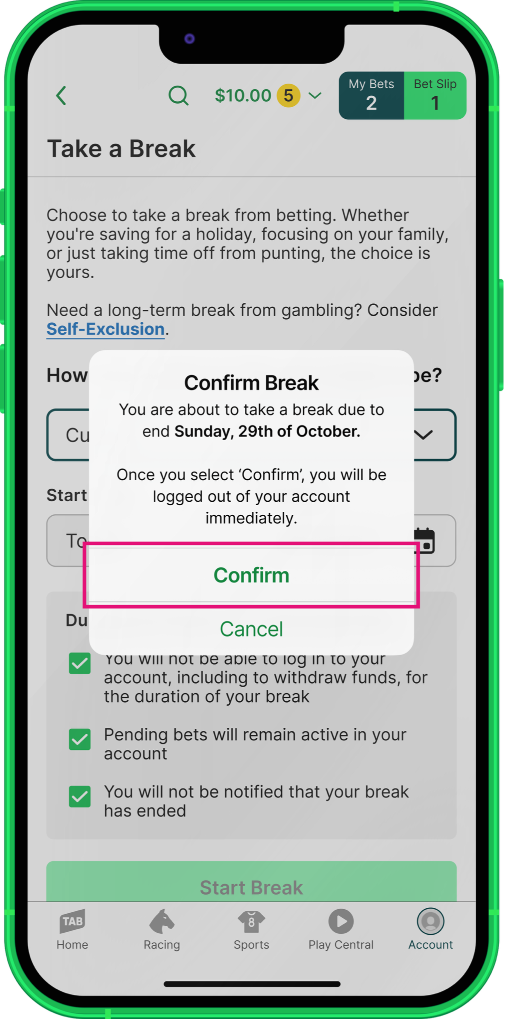 TAB app 'Take a Break' confirmation screen.
