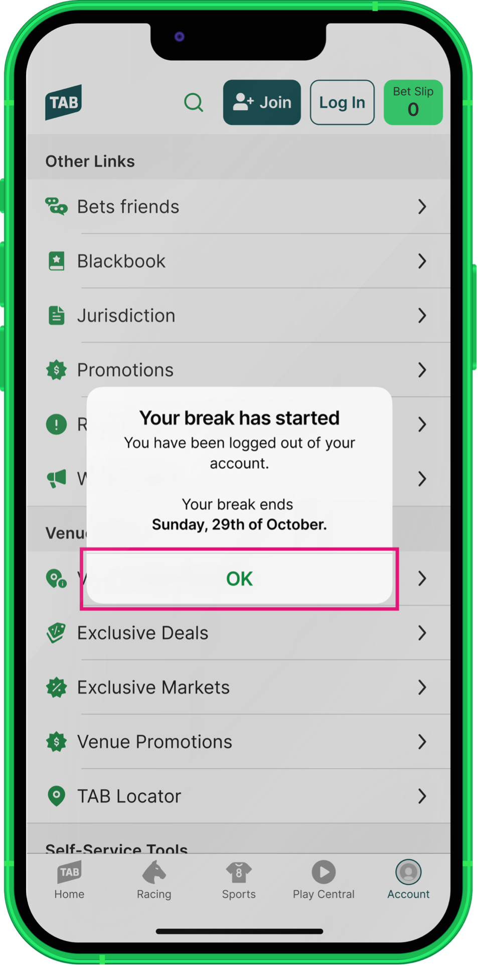 TAB app 'Take a Break' break details screen.
