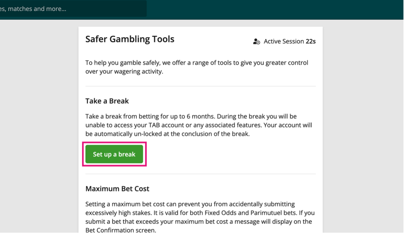 Screenshot of the tab.com.au 'Responsible Gambling Tools' screen.