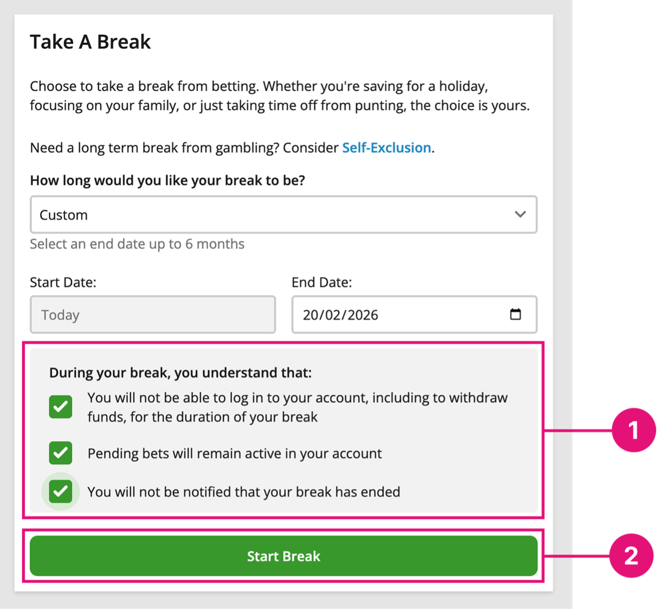 tab.com.au 'Take a Break' screen, conditions of break are shown.