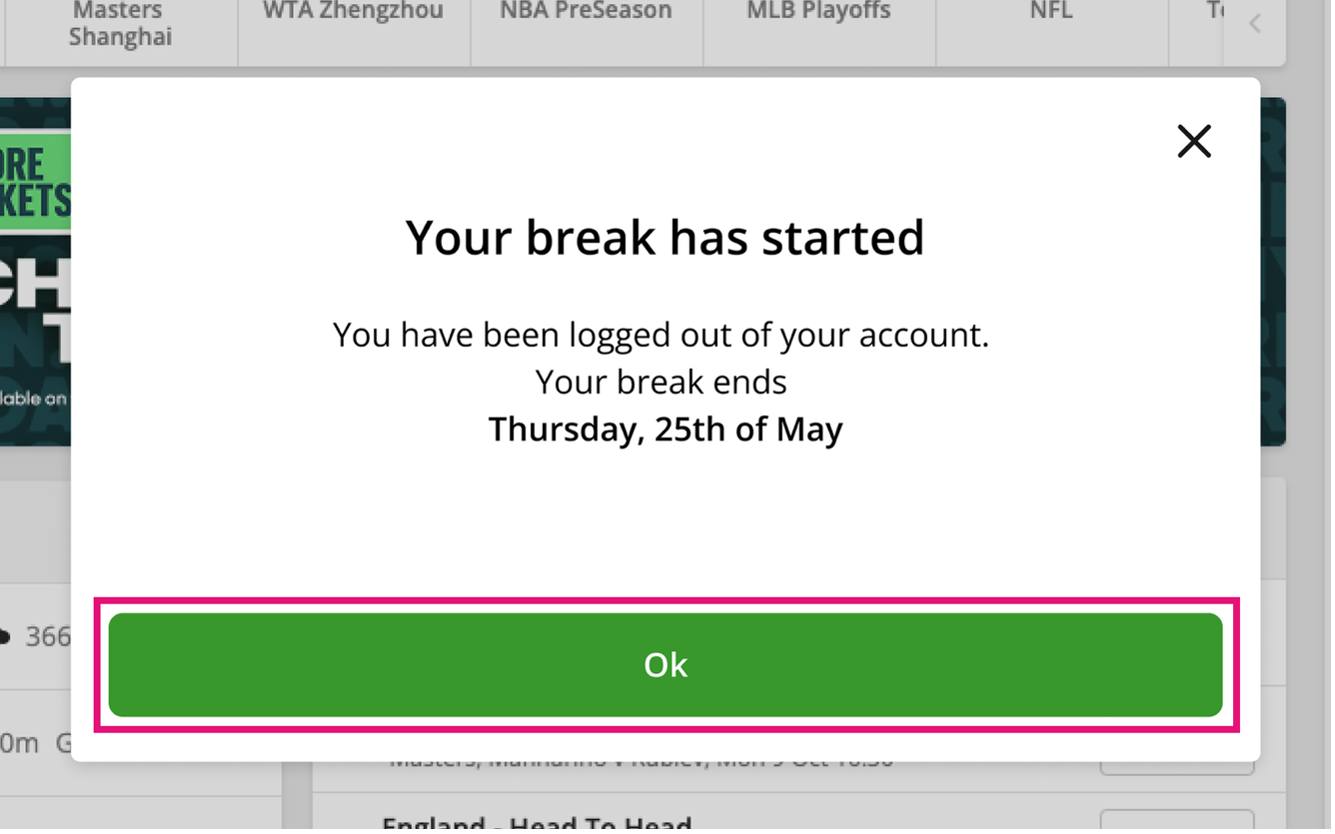 Image of tab.com.au screen confirming that break has started.