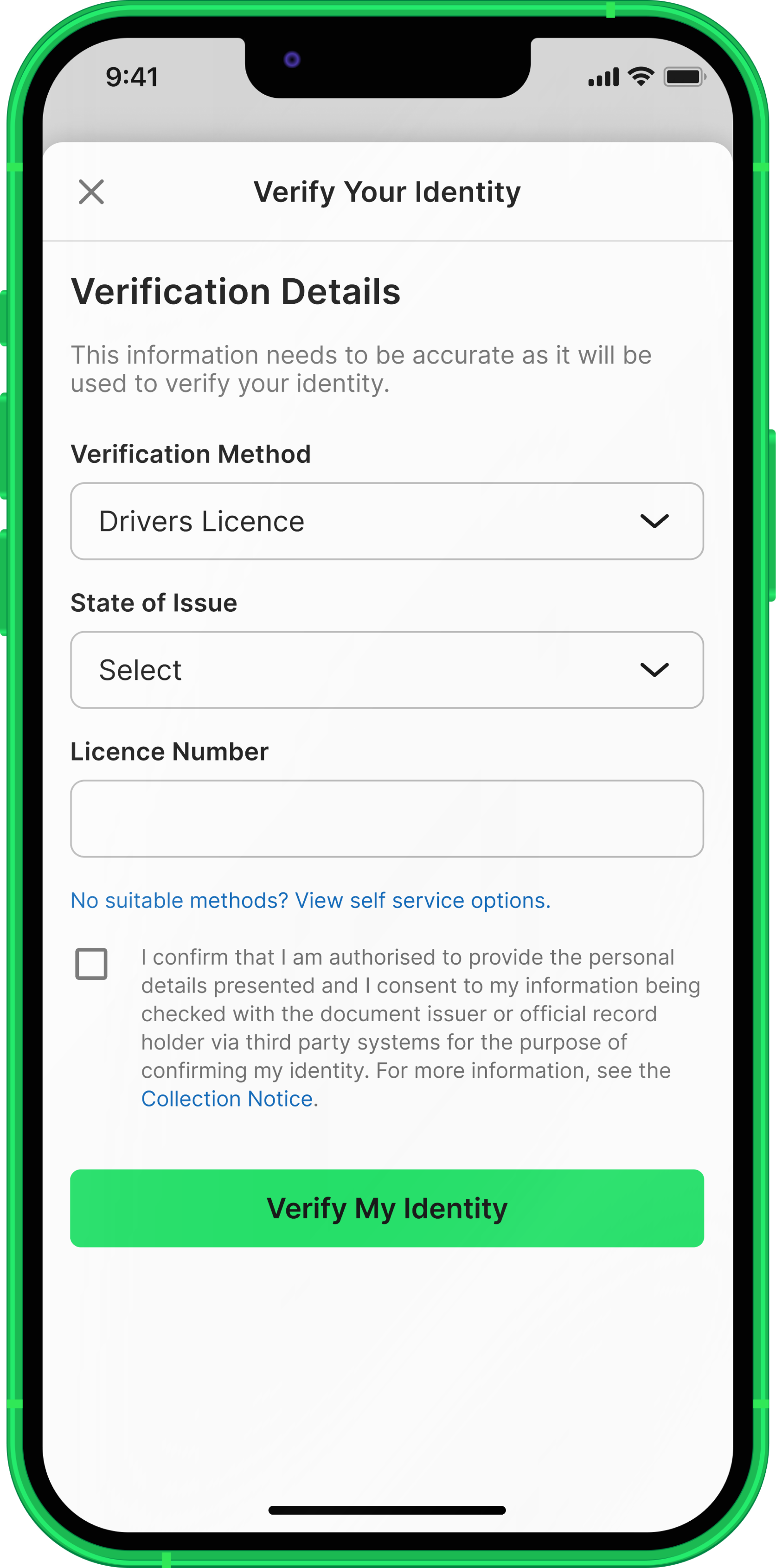 TAB app screen showing the driver's licence verification form with state selector, licence number field, and Verify My Identity button.