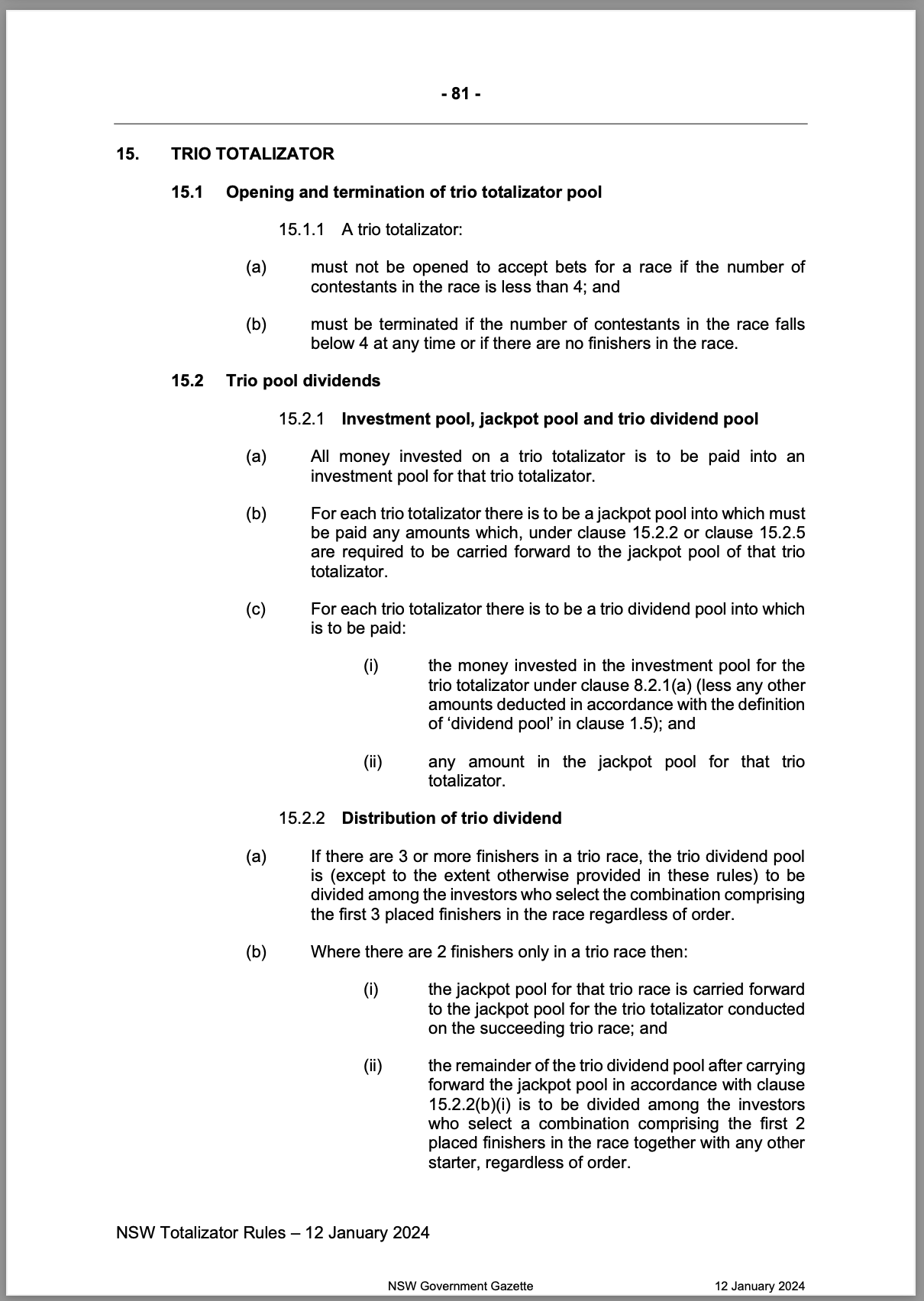 NSW Totalizator Betting Rules (Racing)