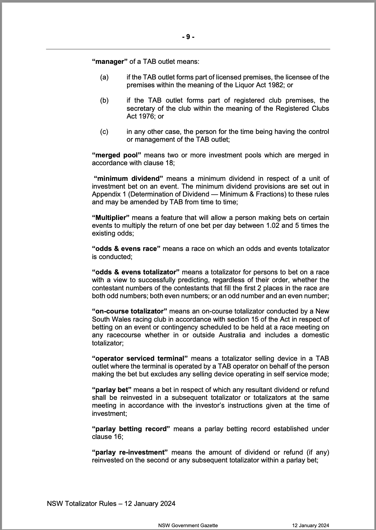 NSW Totalizator Betting Rules Racing