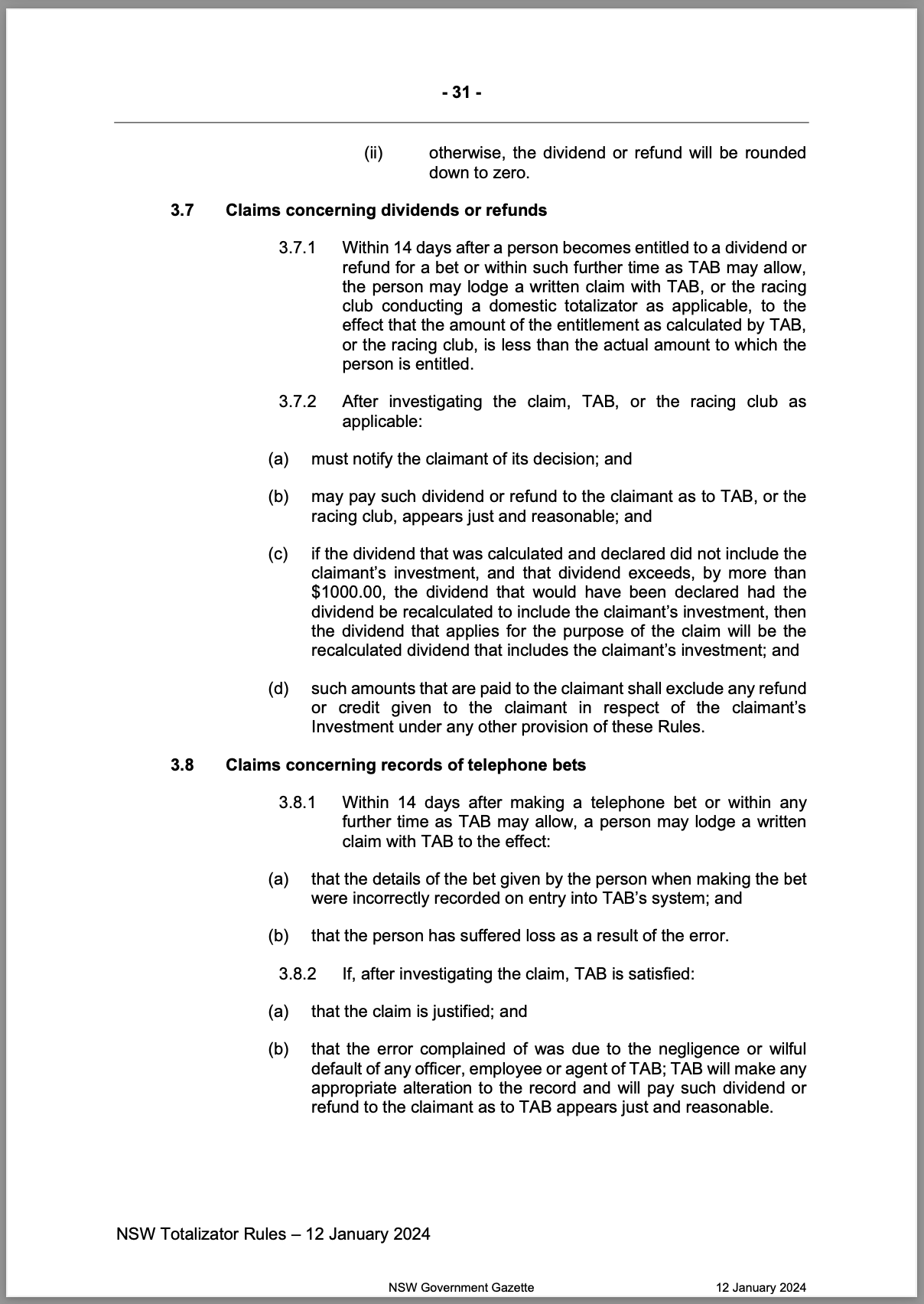 NSW Totalizator Betting Rules (Racing)