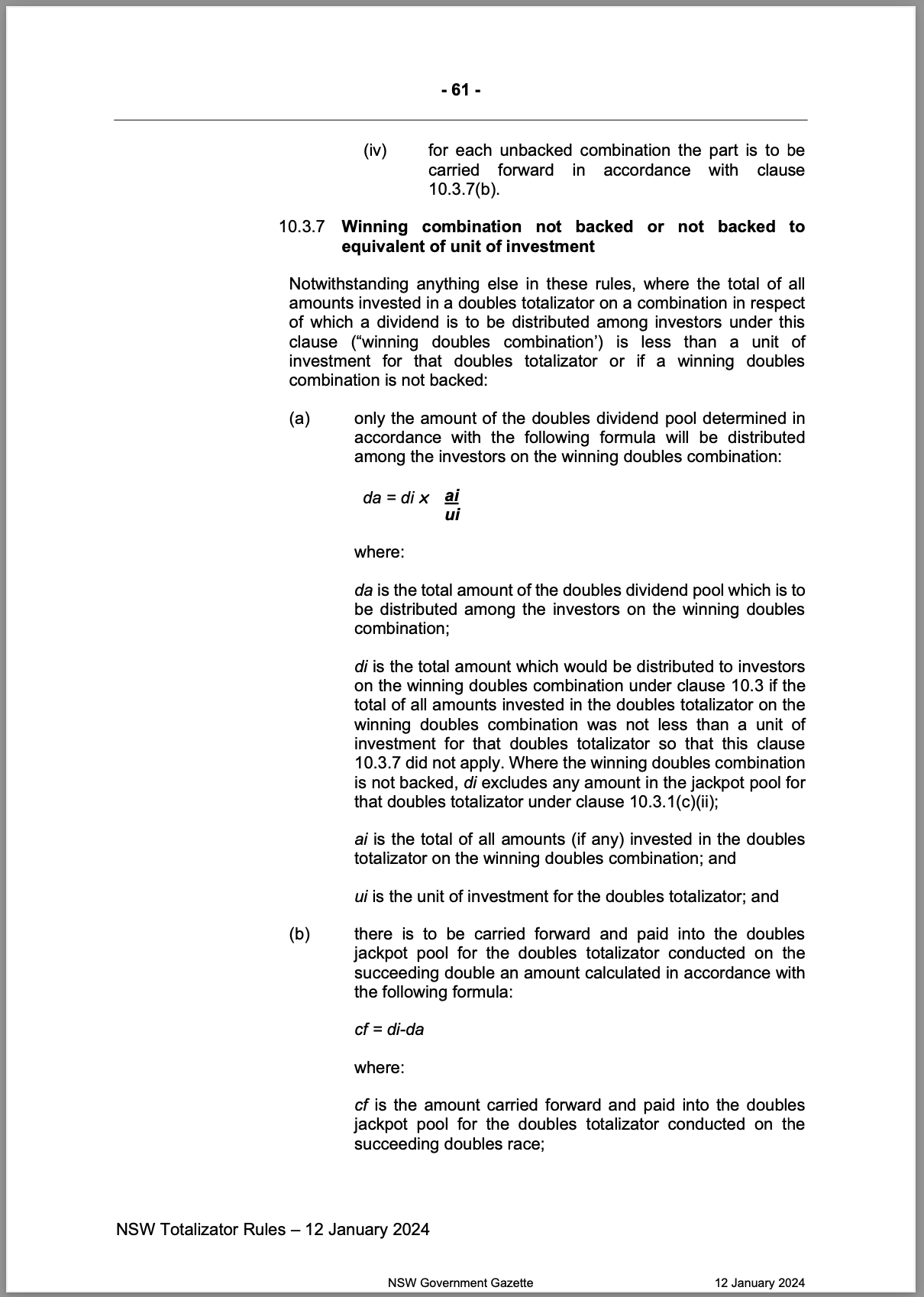 NSW Totalizator Betting Rules (Racing)