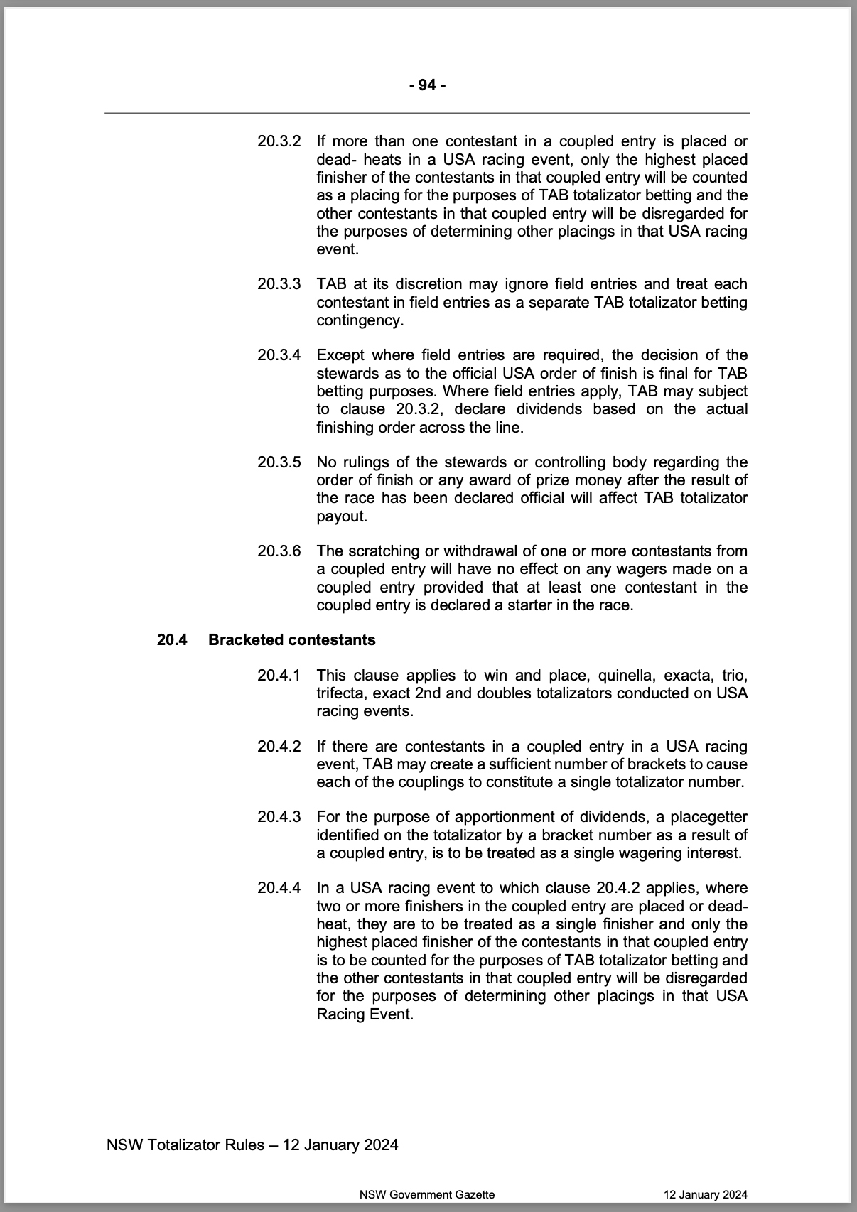 NSW Totalizator Betting Rules Racing