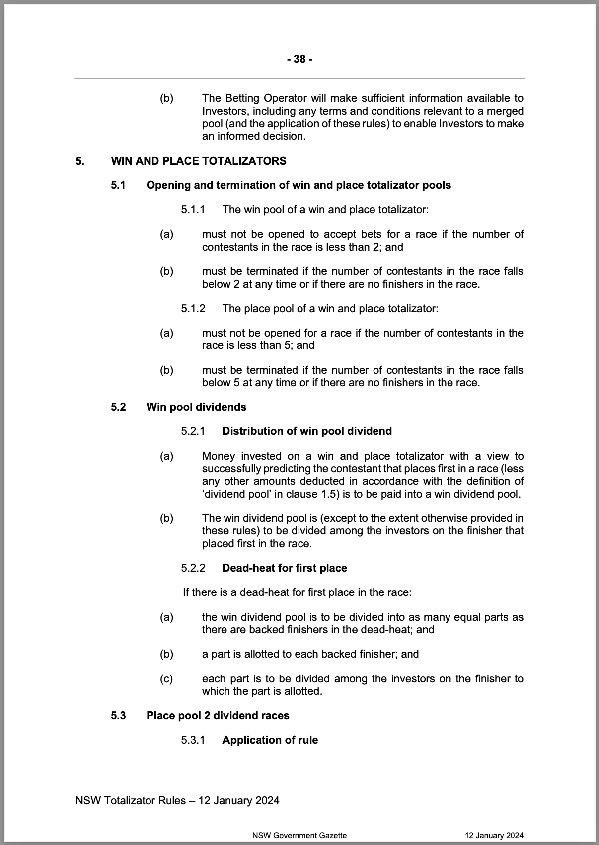 NSW Totalizator Betting Rules (Racing)