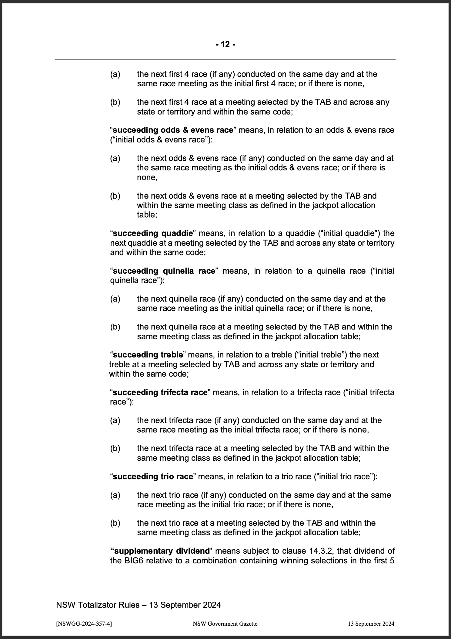 NSW Totalizator Betting Rules (Racing)