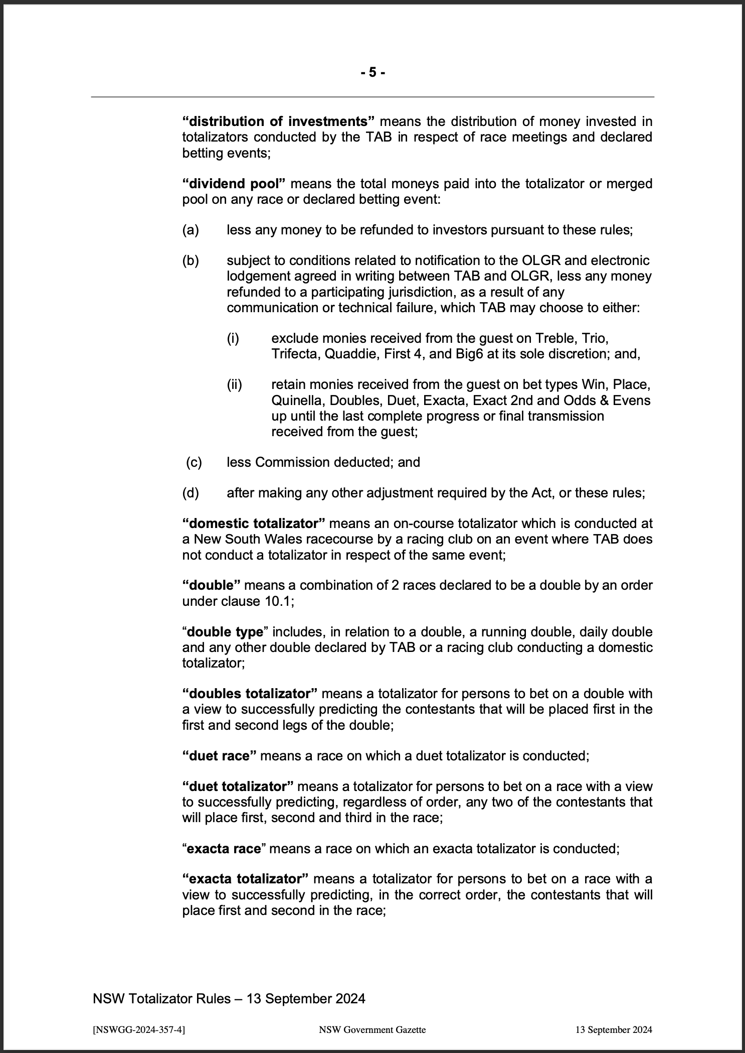 NSW Totalizator Betting Rules (Racing)