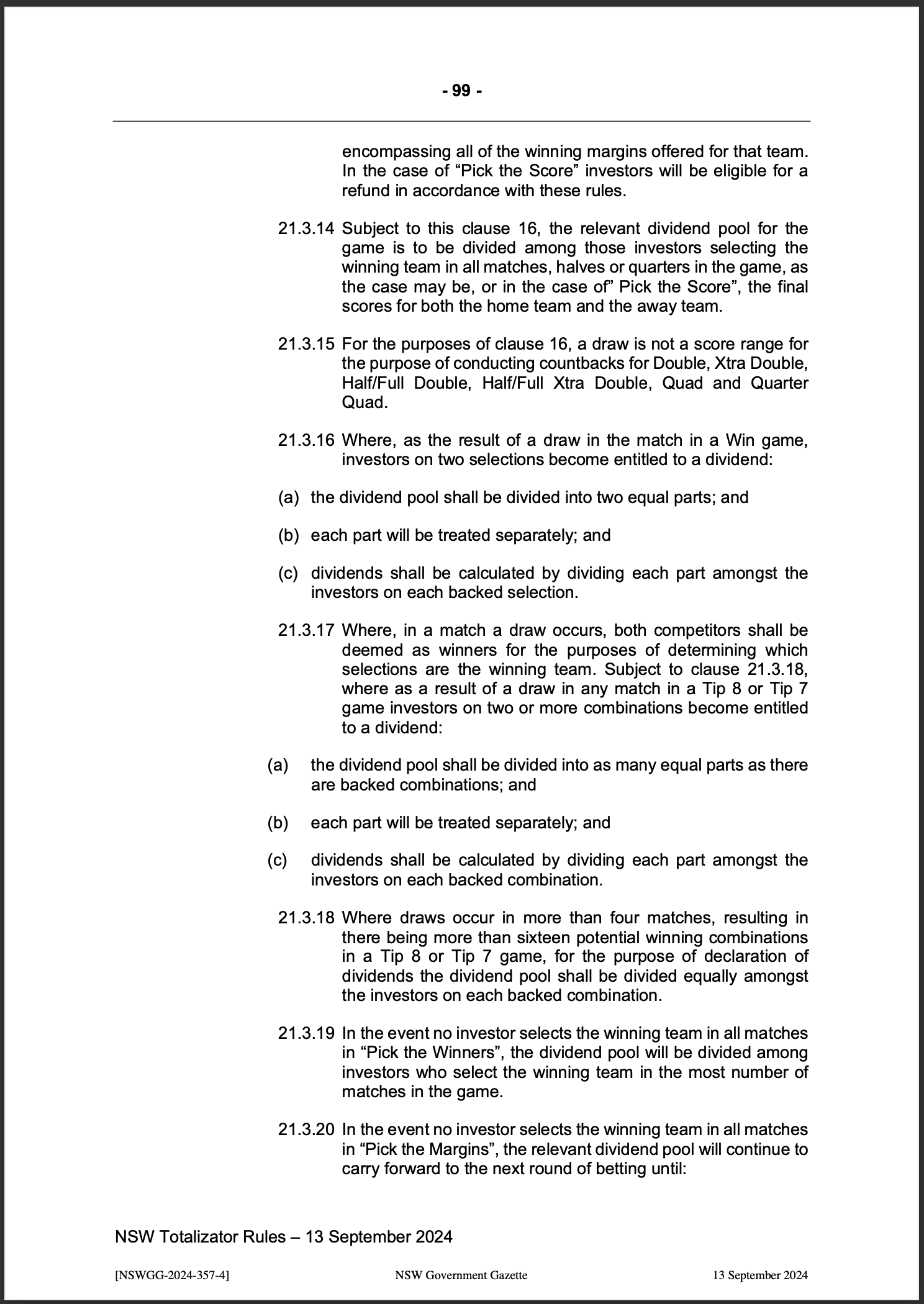 NSW Totalizator Betting Rules (Racing)