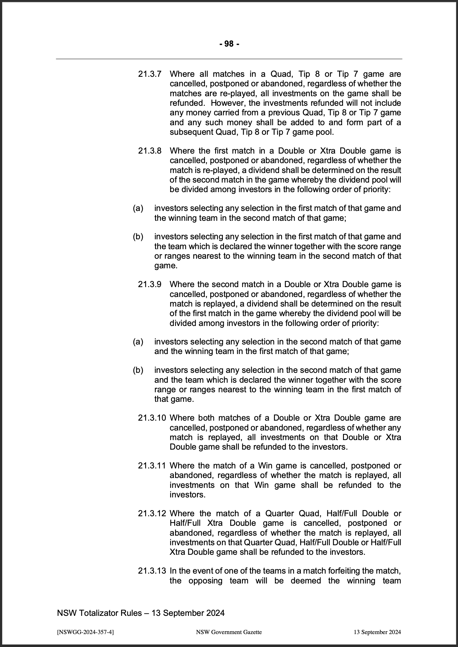 NSW Totalizator Betting Rules (Racing)