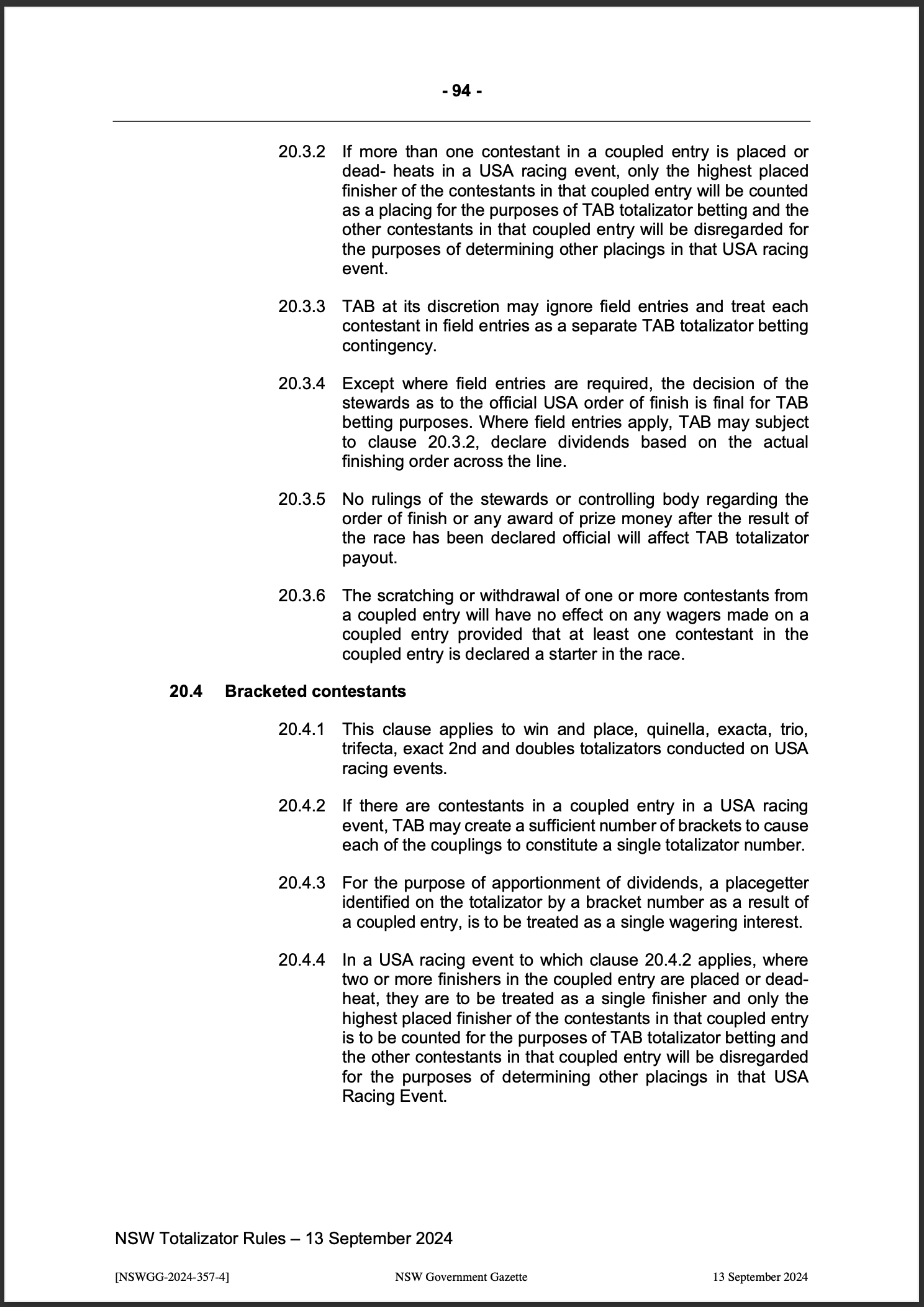 NSW Totalizator Betting Rules (Racing)