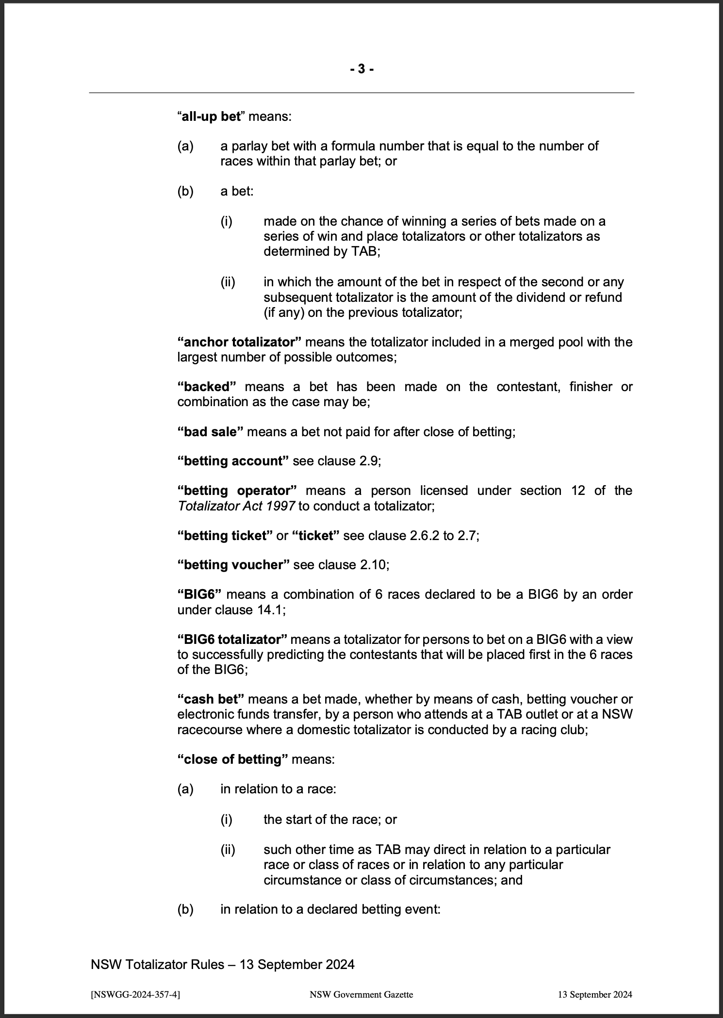NSW Totalizator Betting Rules (Racing)